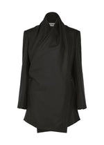 The MANNER by ISSEY MIYAKE is a black structured lamb’s wool jacket featuring an asymmetrical draped front, long sleeves, and a high collar, shown on a plain white background. - BLACK （no.15）