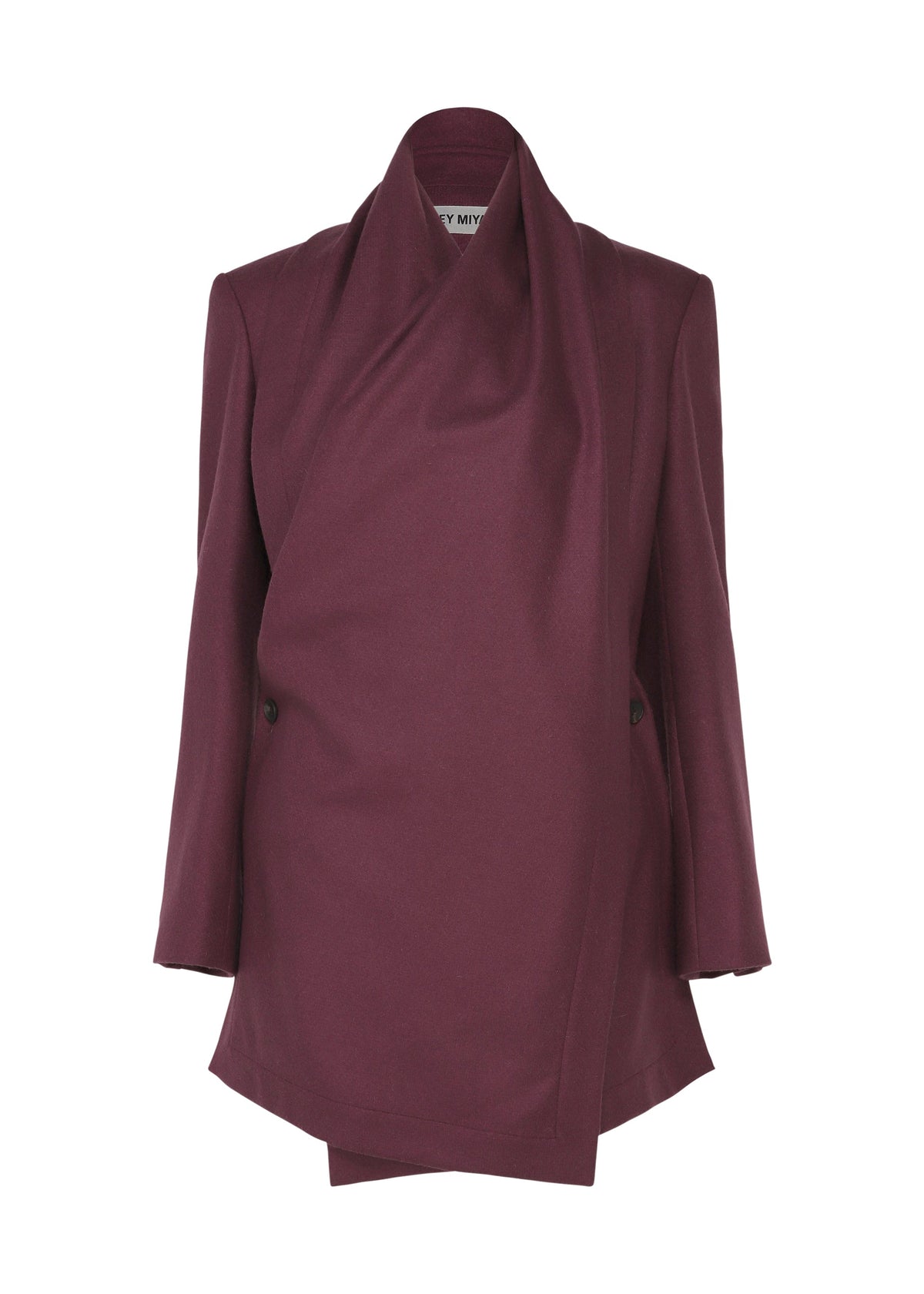 Zoomed view The MANNER by ISSEY MIYAKE is a burgundy lamb’s wool blazer with an asymmetrical drape, long sleeves, structured fit, layered design, hidden buttons, and modern eco-conscious style. - PURPLE （no.81）