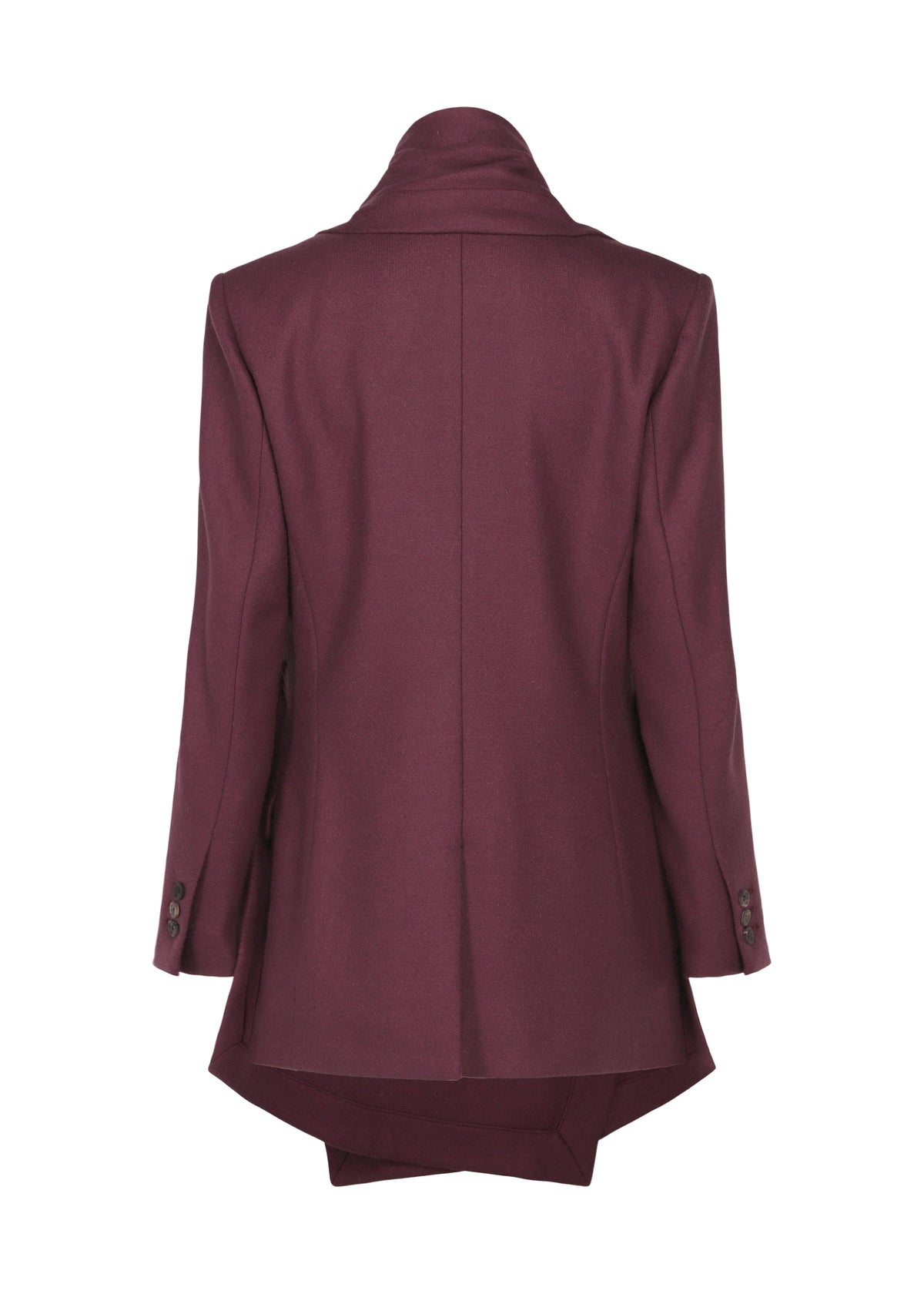 Zoomed view A back view of the ISSEY MIYAKE MANNER maroon blazer, made from upcycled fabric, with long sleeves, buttoned cuffs, and an extended back hem for a stylish take on sustainable fashion.