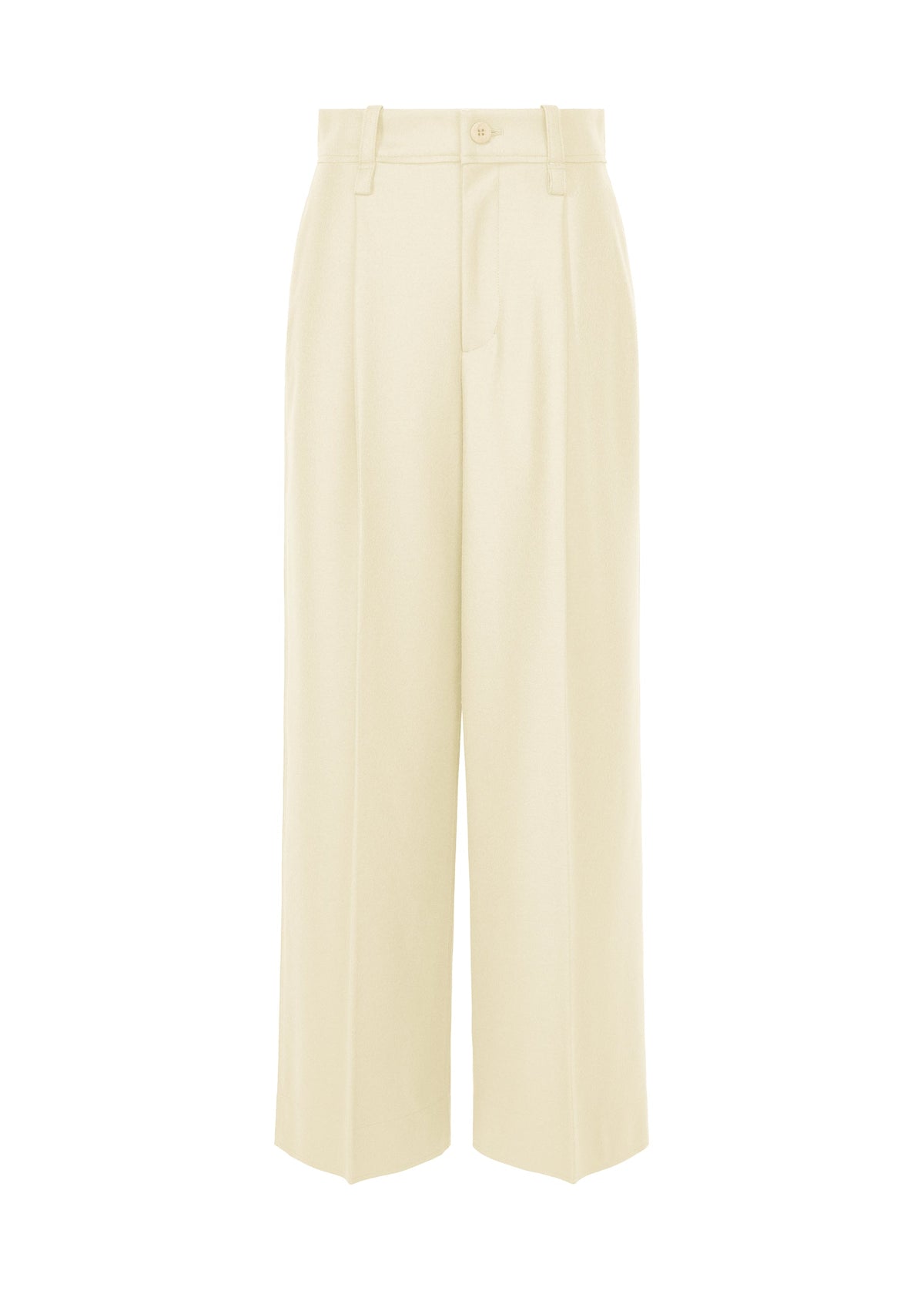 The SHELL trousers by ISSEY MIYAKE are high-waisted, wide-leg cream pants featuring pleats, belt loops, a front button and zipper closure, and crafted from a soft wool texture. They are displayed against a white background. view 1 of 8