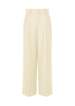 The SHELL trousers by ISSEY MIYAKE are high-waisted, wide-leg cream pants featuring pleats, belt loops, a front button and zipper closure, and crafted from a soft wool texture. They are displayed against a white background. - OFF-WHITE （no.02）