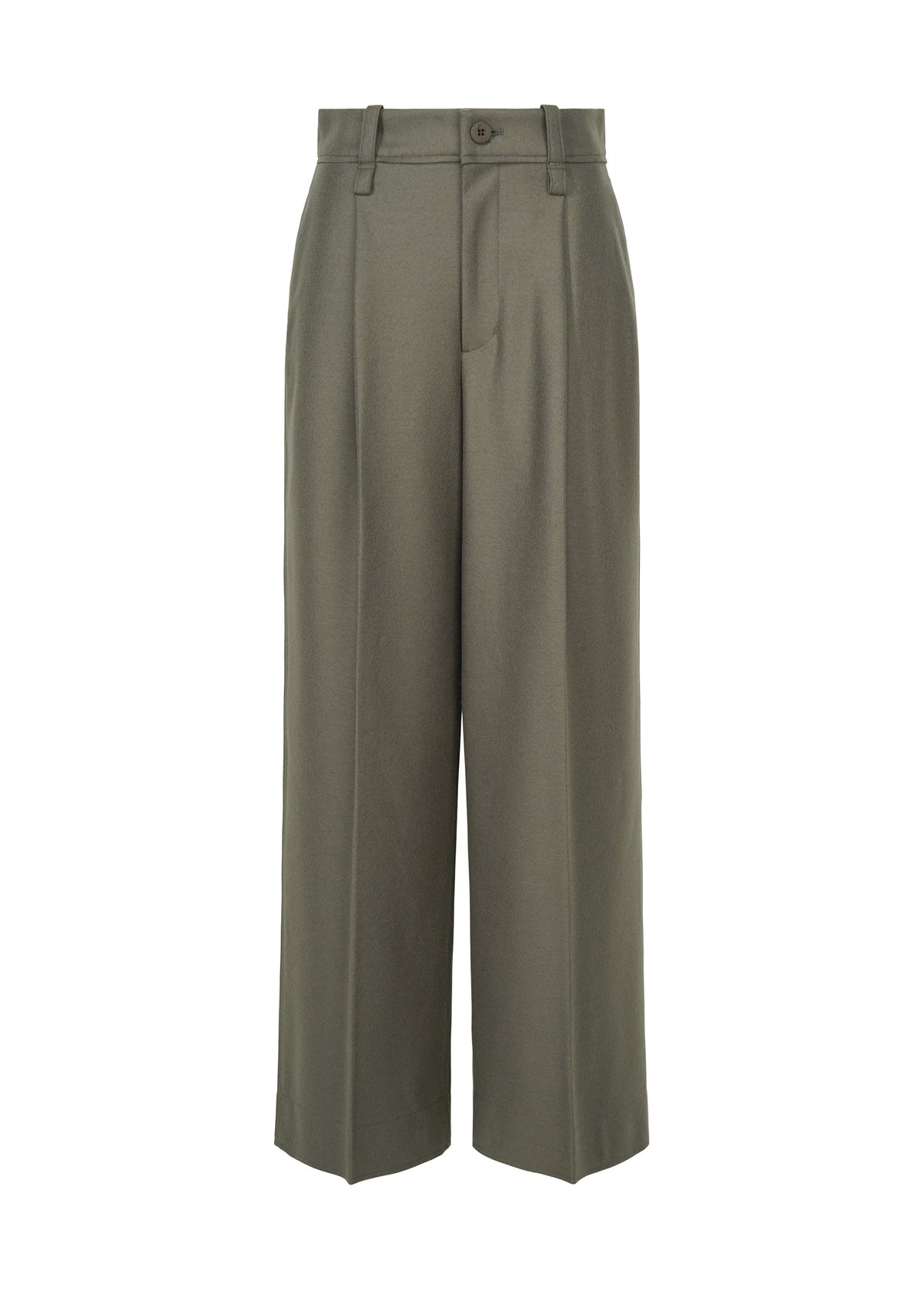 The SHELL trousers by ISSEY MIYAKE are high-waisted, wide-leg olive green pants featuring a button and zip closure, belt loops, and pleats at the waist. Crafted from refined wool for a clean, tailored look. view 2 of 8