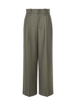 The SHELL trousers by ISSEY MIYAKE are high-waisted, wide-leg olive green pants featuring a button and zip closure, belt loops, and pleats at the waist. Crafted from refined wool for a clean, tailored look. - GRAY （no.12）