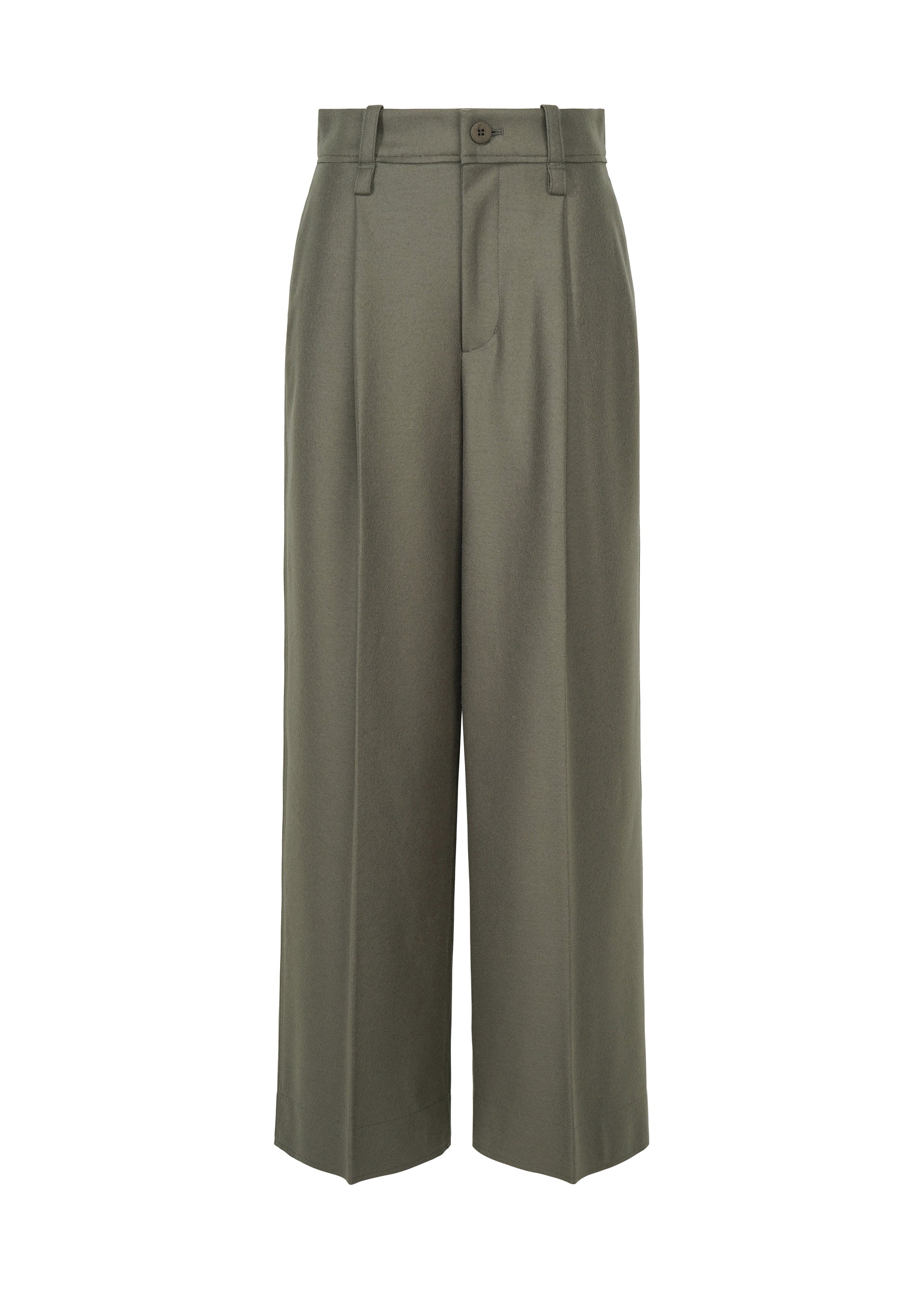 Zoomed view The SHELL trousers by ISSEY MIYAKE are high-waisted, wide-leg olive green pants featuring a button and zip closure, belt loops, and pleats at the waist. Crafted from refined wool for a clean, tailored look. - GRAY （no.12）