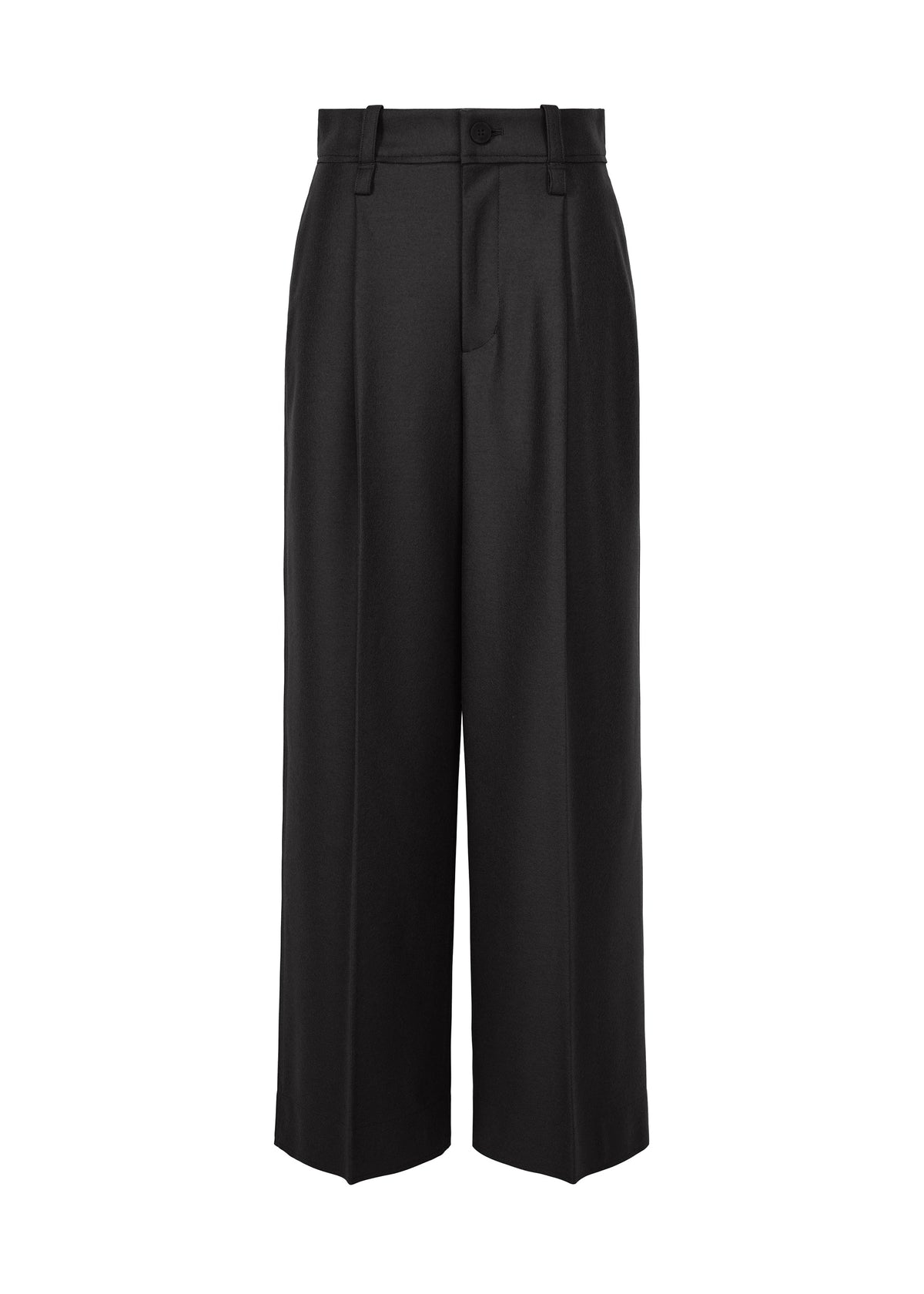 SHELL wide-leg, high-waisted black trousers by ISSEY MIYAKE feature belt loops, front pleats, and a button waist closure, crafted from soft jersey material and shown against a white background. view 3 of 8