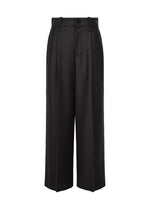 SHELL wide-leg, high-waisted black trousers by ISSEY MIYAKE feature belt loops, front pleats, and a button waist closure, crafted from soft jersey material and shown against a white background. - BLACK （no.15）
