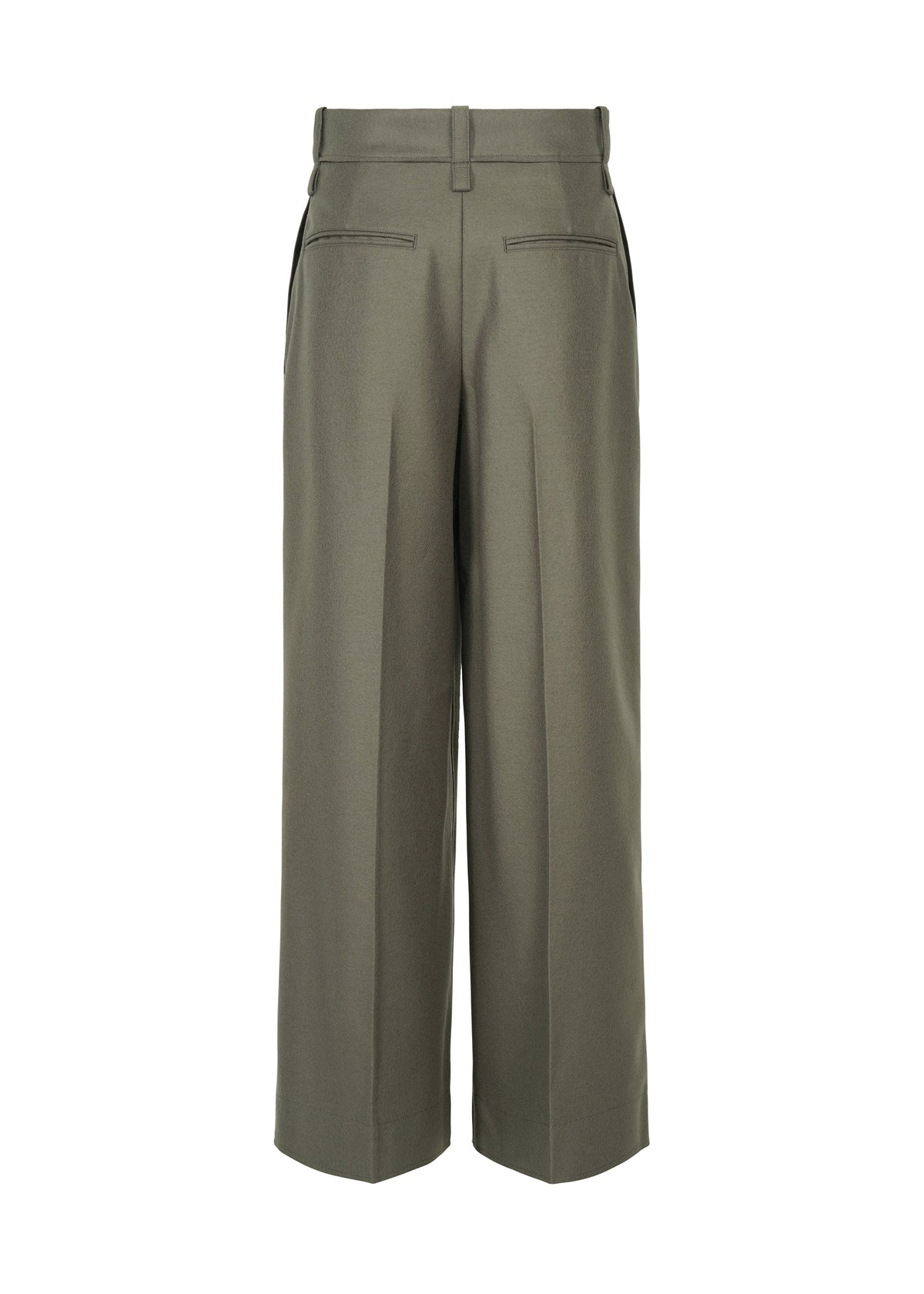 Back view of the SHELL trousers by ISSEY MIYAKE in olive green, featuring wide legs, belt loops, two rear welt pockets, and pressed center seams with a subtle wool texture reminiscent of classic straight pants. view 4 of 8