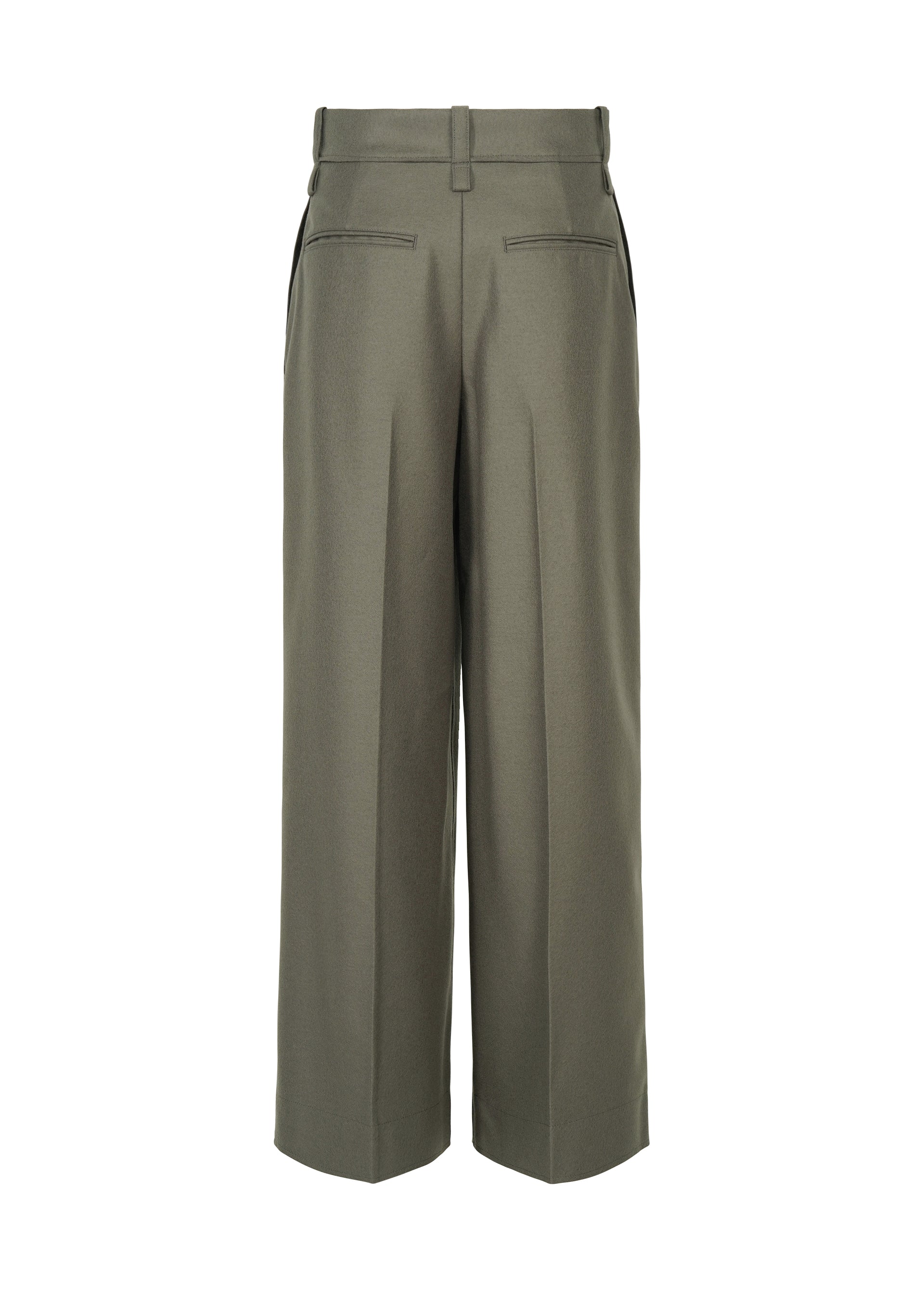 Zoomed view Back view of the SHELL trousers by ISSEY MIYAKE in olive green, featuring wide legs, belt loops, two rear welt pockets, and pressed center seams with a subtle wool texture reminiscent of classic straight pants.