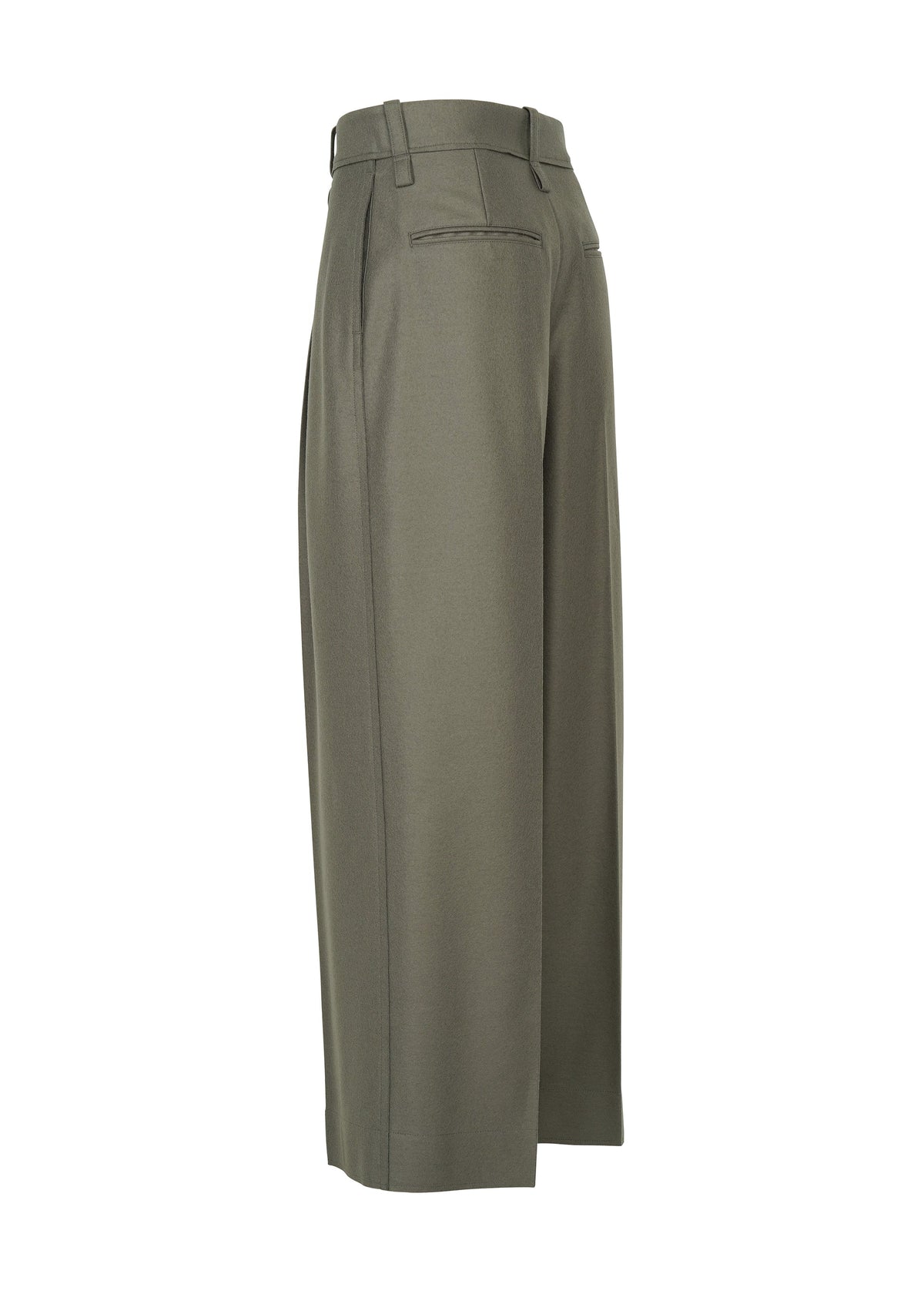 SHELL high-waisted, wide-leg trousers in olive green by ISSEY MIYAKE, featuring belt loops and rear welt pockets, crafted from soft wool and displayed from a side angle against a plain white background. view 5 of 8