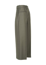 SHELL high-waisted, wide-leg trousers in olive green by ISSEY MIYAKE, featuring belt loops and rear welt pockets, crafted from soft wool and displayed from a side angle against a plain white background.