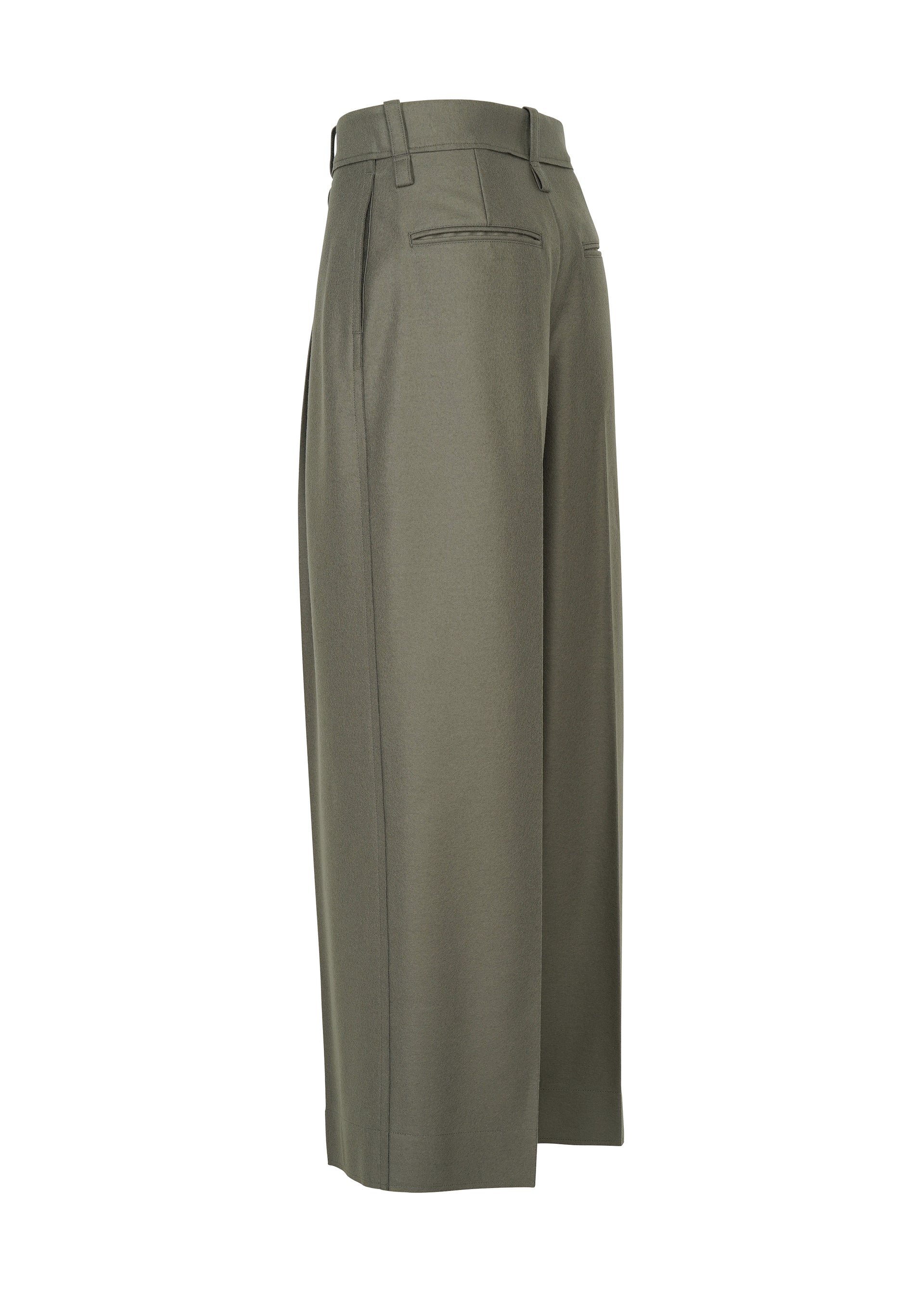 Zoomed view SHELL high-waisted, wide-leg trousers in olive green by ISSEY MIYAKE, featuring belt loops and rear welt pockets, crafted from soft wool and displayed from a side angle against a plain white background.
