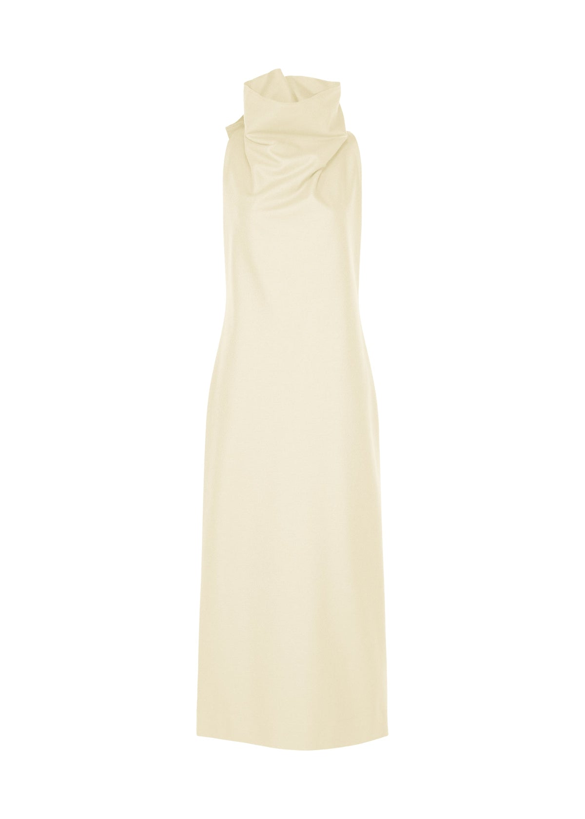 SHELL by ISSEY MIYAKE is a sleeveless off-white midi dress, cut from smooth jersey with a high, draped cowl neckline. Featuring a simple, elegant silhouette and seamless, unadorned fabric, this piece encapsulates the brand’s minimalist aesthetic against a plain white background. view 1 of 7