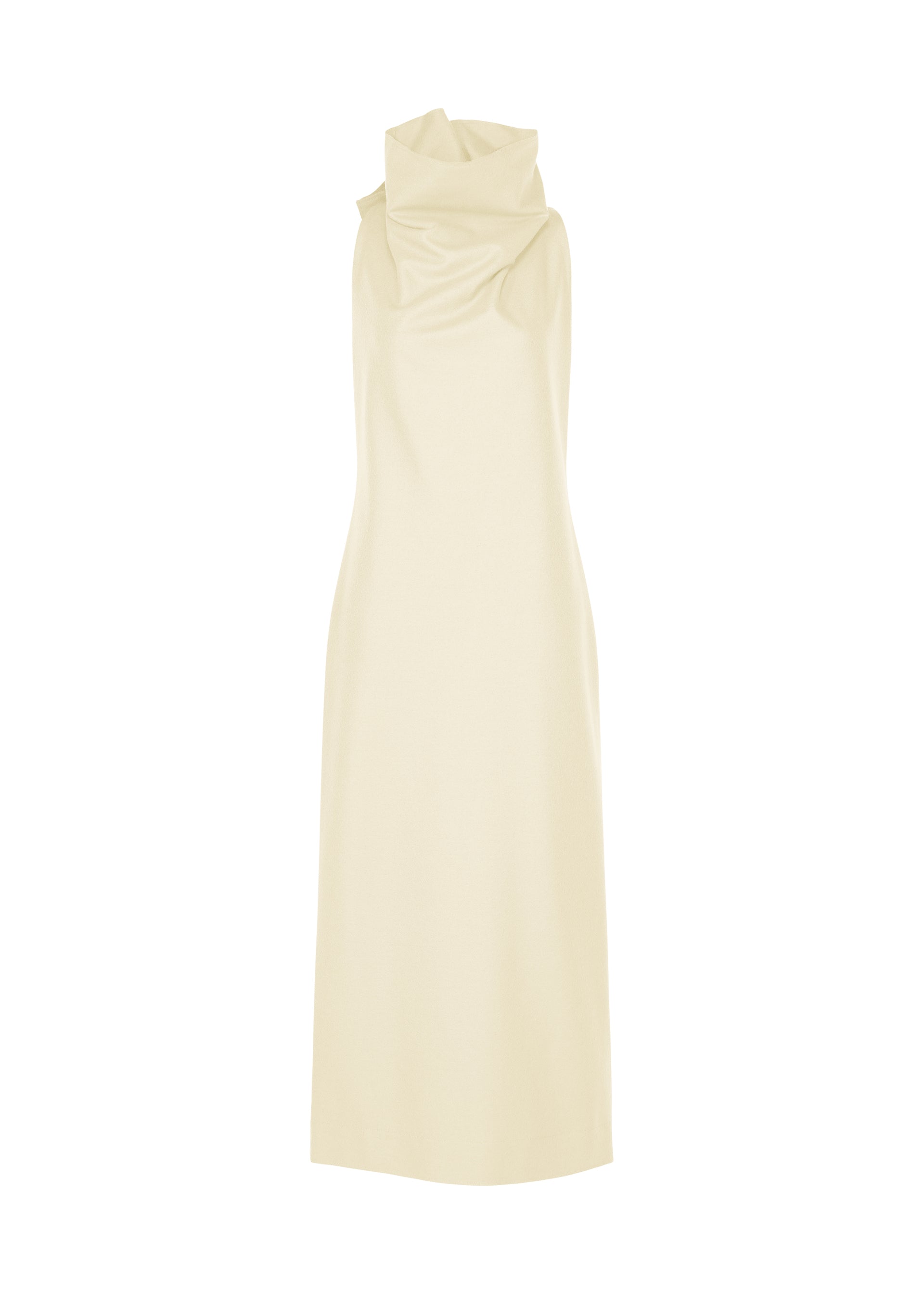 Zoomed view SHELL by ISSEY MIYAKE is a sleeveless off-white midi dress, cut from smooth jersey with a high, draped cowl neckline. Featuring a simple, elegant silhouette and seamless, unadorned fabric, this piece encapsulates the brand’s minimalist aesthetic against a plain white background. - OFF-WHITE （no.02）