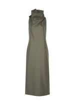 SHELL by ISSEY MIYAKE is a sleeveless, knee-length olive green dress crafted from soft jersey, featuring a loose, draped turtleneck collar. Showcasing the brand’s minimalist aesthetic, this dress has a simple design and straight silhouette, presented against a plain white background. - GRAY （no.12）
