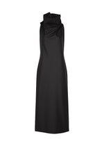 Sleeveless black SHELL dress by ISSEY MIYAKE, crafted from soft jersey material, featuring a loose, draped cowl neckline and a straight, knee-length silhouette. Displayed on a plain white background. - BLACK （no.15）
