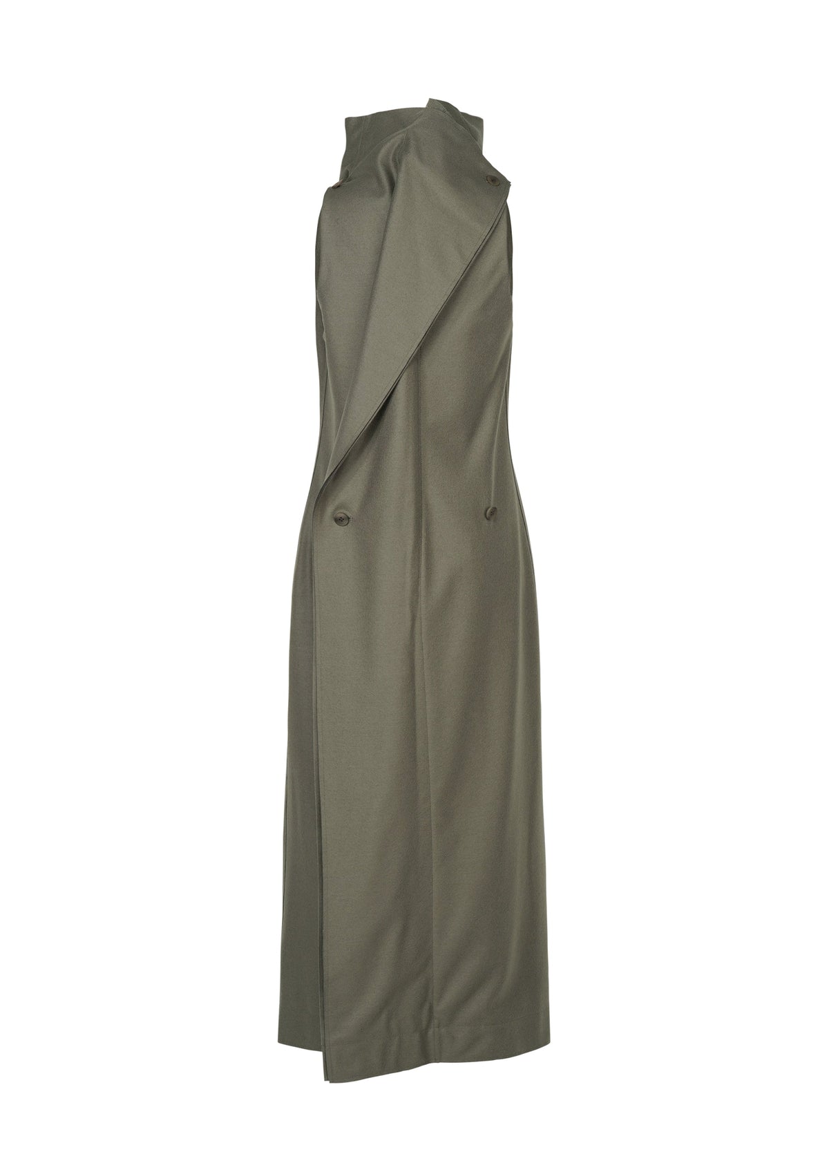 The SHELL by ISSEY MIYAKE is a sleeveless olive-green trench coat made from jersey fabric, featuring a high collar, asymmetric flap detail, and two side buttons, showcased against a white background. view 4 of 7