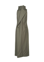 The SHELL by ISSEY MIYAKE is a sleeveless olive-green trench coat made from jersey fabric, featuring a high collar, asymmetric flap detail, and two side buttons, showcased against a white background.