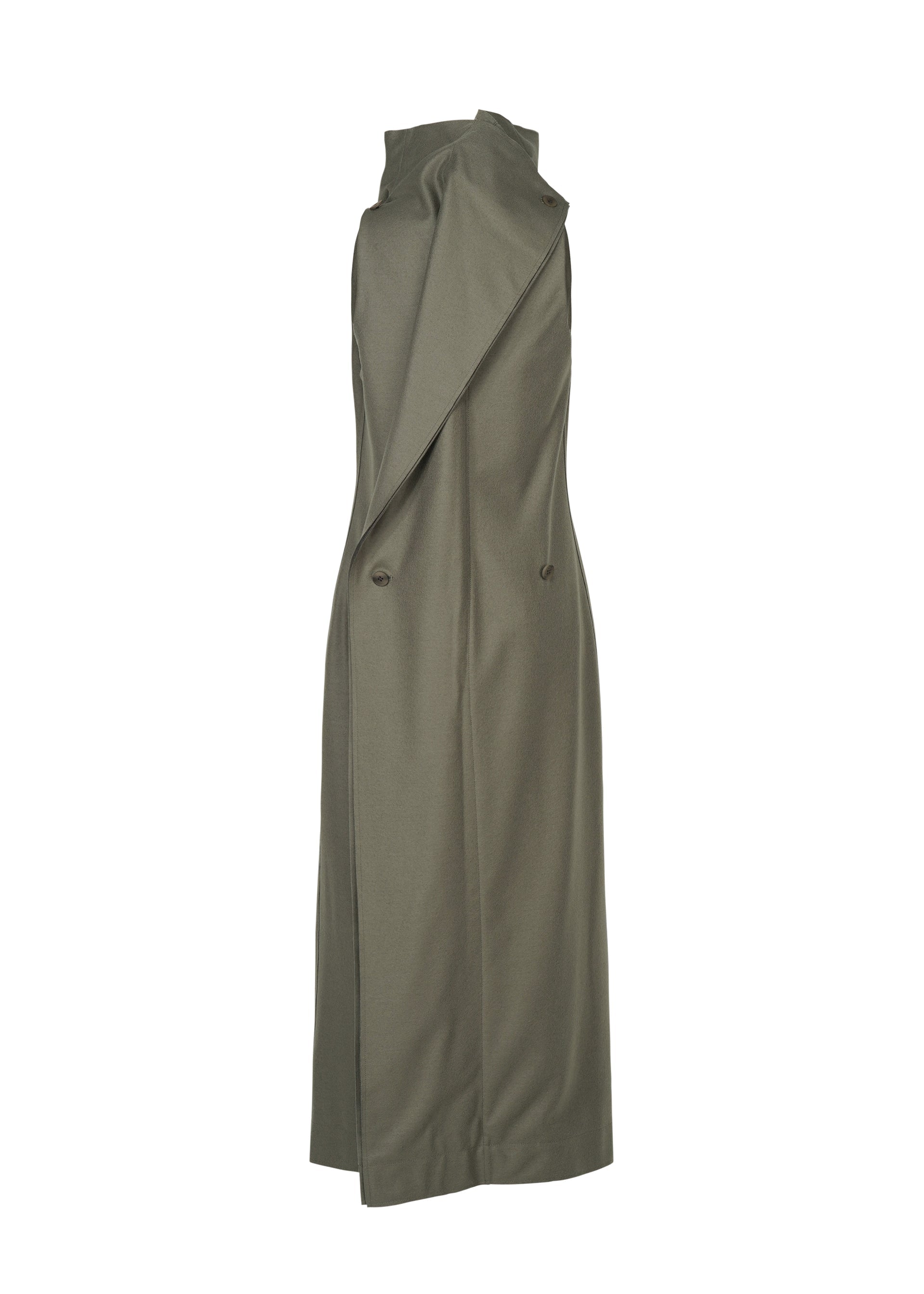 Zoomed view The SHELL by ISSEY MIYAKE is a sleeveless olive-green trench coat made from jersey fabric, featuring a high collar, asymmetric flap detail, and two side buttons, showcased against a white background.