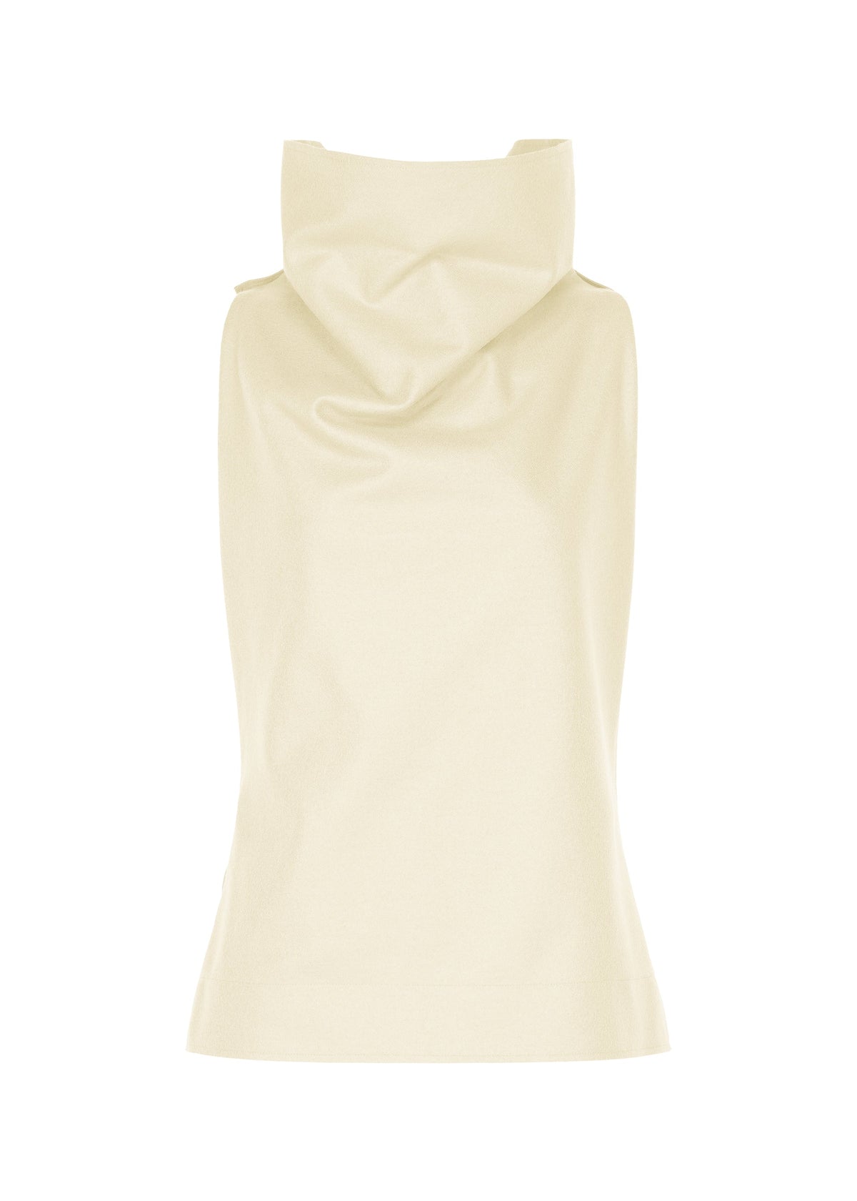 SHELL by ISSEY MIYAKE—a sleeveless cream top made from soft jersey, showcasing a draped cowl neckline and minimalist elegance, is presented from the back against a white background. view 1 of 8