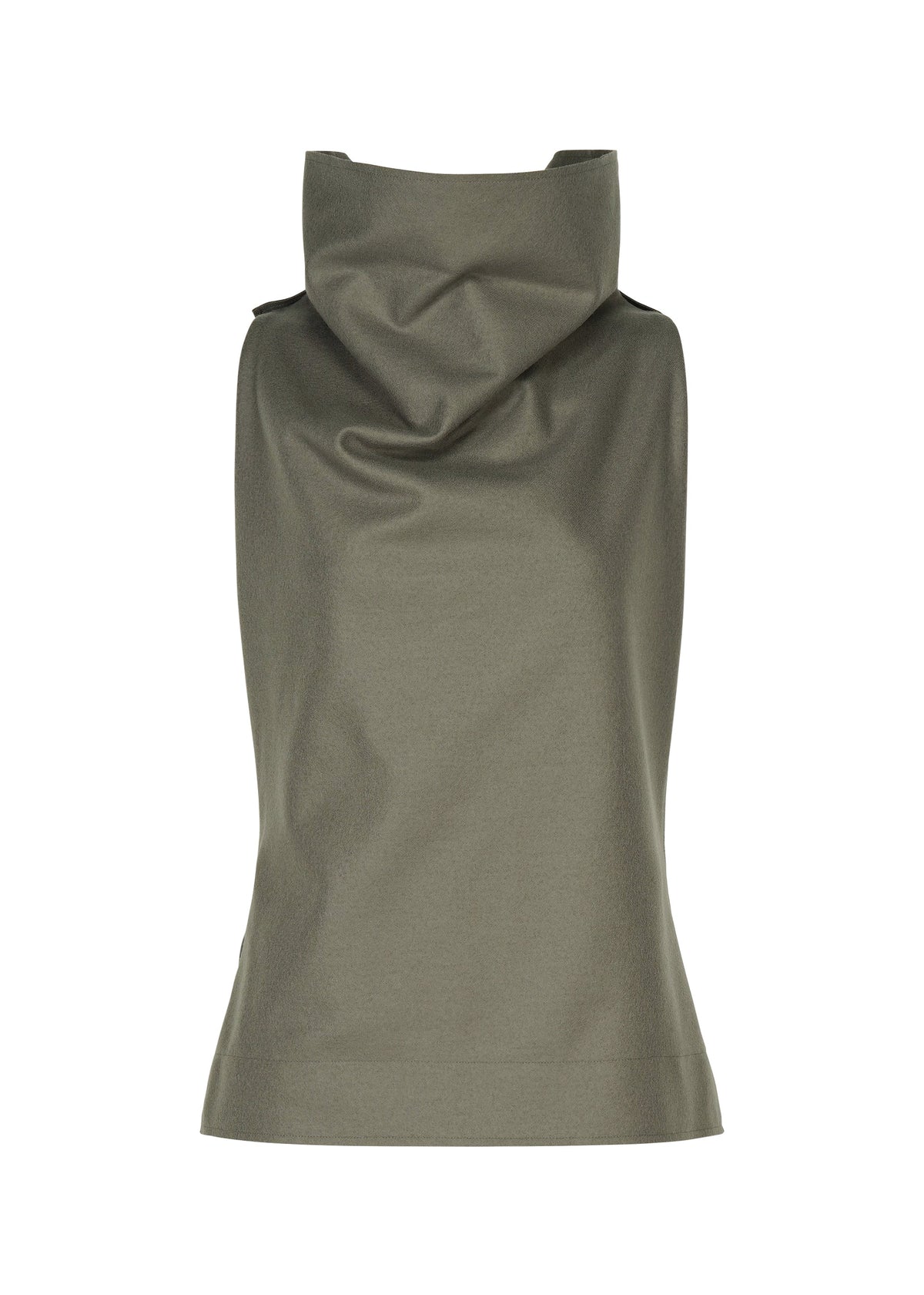 SHELL by ISSEY MIYAKE is a sleeveless olive green top featuring a wide, draped cowl neck and crafted from soft jersey material. Shown from the back against a white background. view 2 of 8