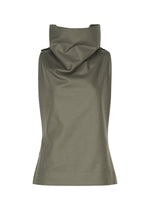 SHELL by ISSEY MIYAKE is a sleeveless olive green top featuring a wide, draped cowl neck and crafted from soft jersey material. Shown from the back against a white background. - GRAY （no.12）