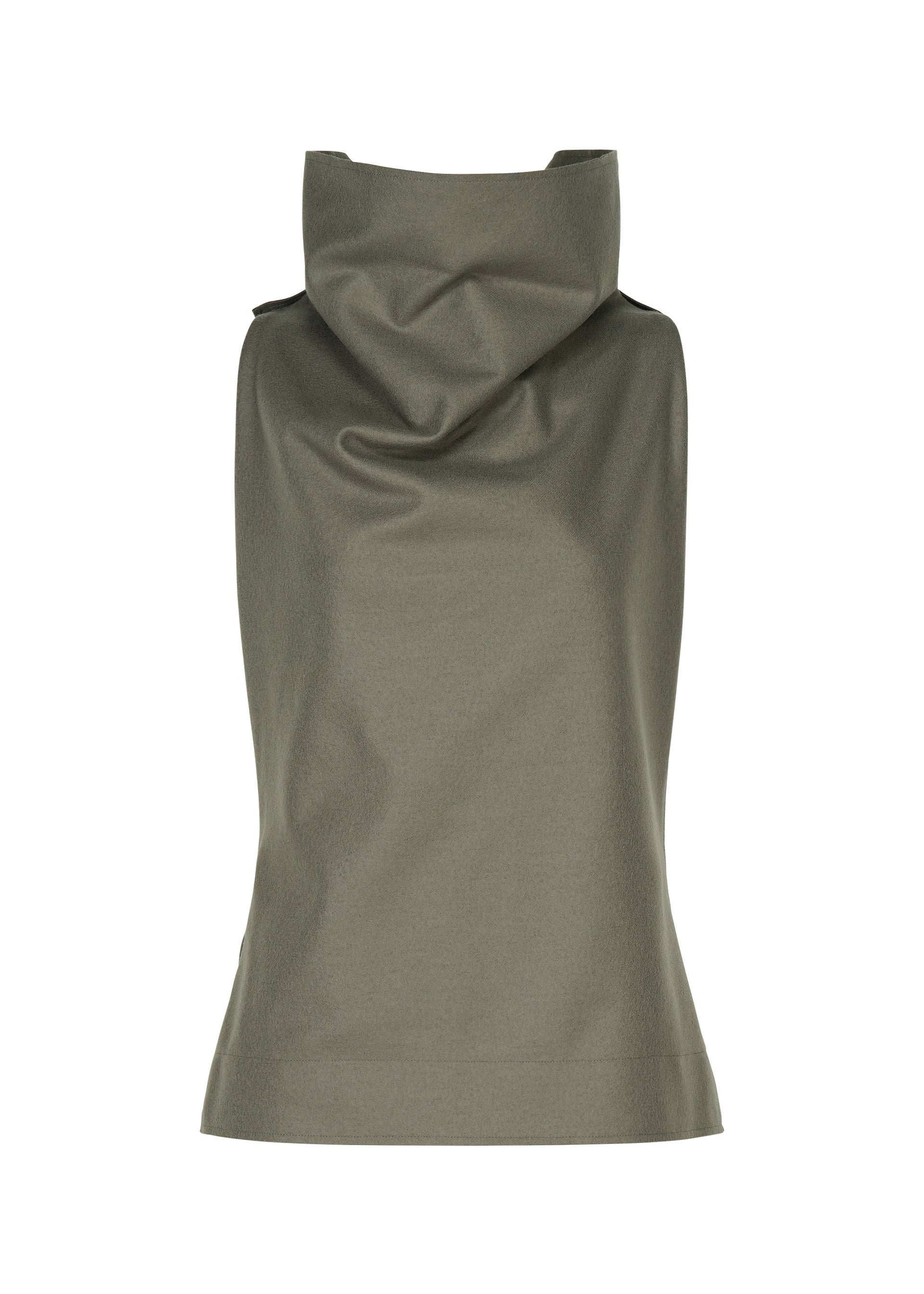 Zoomed view SHELL by ISSEY MIYAKE is a sleeveless olive green top featuring a wide, draped cowl neck and crafted from soft jersey material. Shown from the back against a white background. - GRAY （no.12）