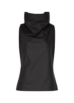The ISSEY MIYAKE SHELL sleeveless black top, crafted from soft jersey material, features a draped high neckline and a fitted silhouette, displayed against a white background. - BLACK （no.15）