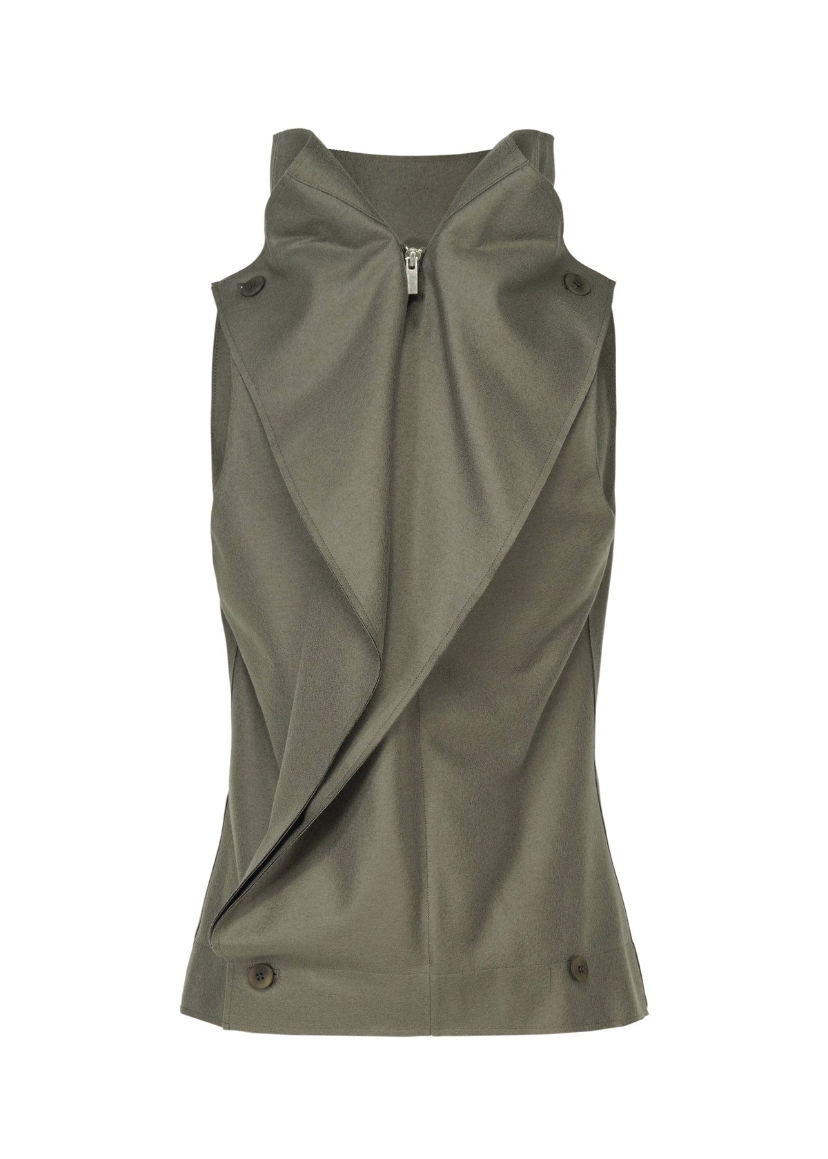 SHELL by ISSEY MIYAKE: a modern sleeveless olive green vest crafted from soft jersey, featuring a high collar, asymmetrical front draping, button accents, and a short center zipper—capturing the signature aesthetic of ISSEY MIYAKE. view 4 of 8