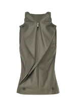 SHELL by ISSEY MIYAKE: a modern sleeveless olive green vest crafted from soft jersey, featuring a high collar, asymmetrical front draping, button accents, and a short center zipper—capturing the signature aesthetic of ISSEY MIYAKE.
