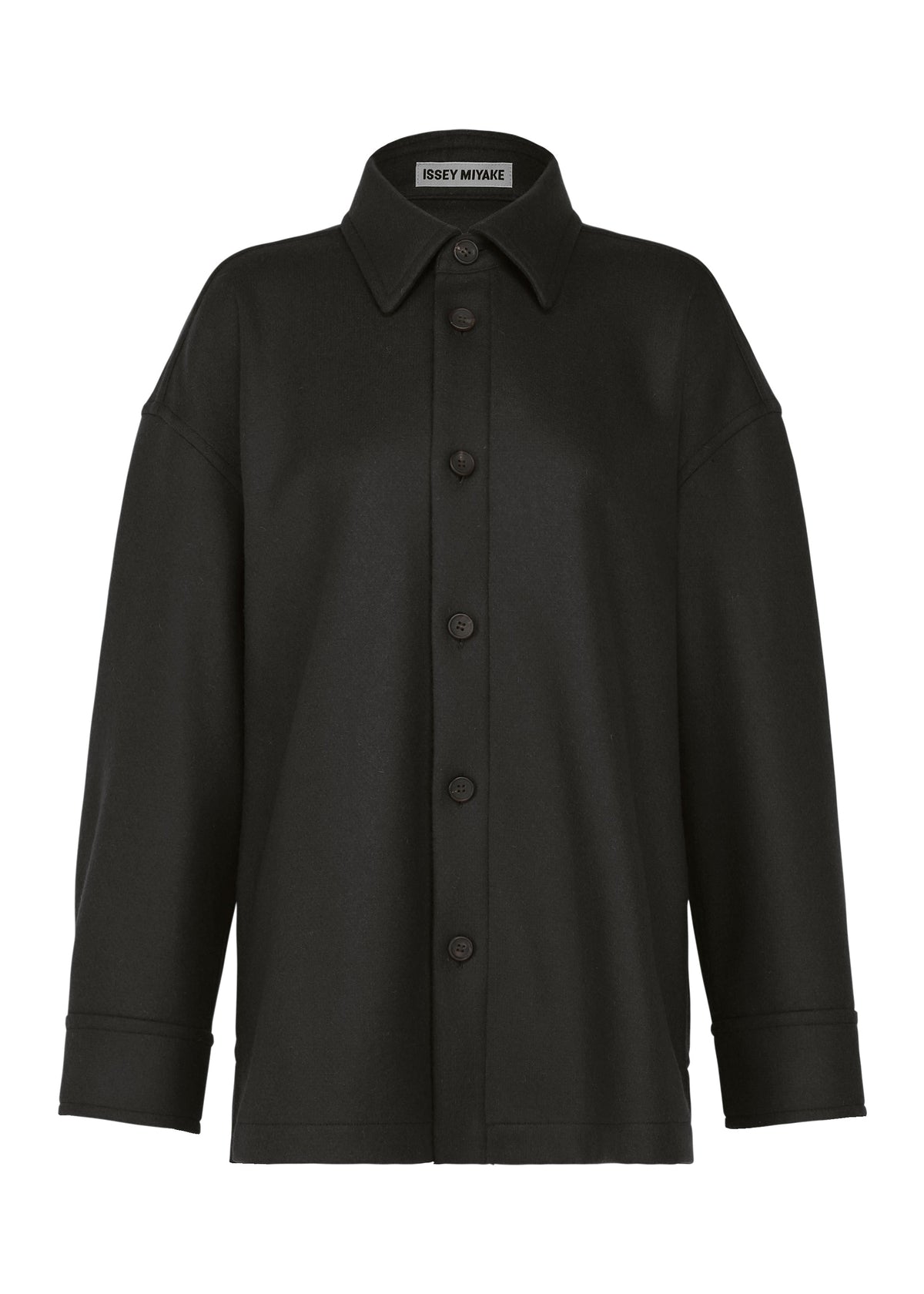 The MANNER by ISSEY MIYAKE is a black button-up jacket with long sleeves, a regular collar, and a visible label at the neck—offering a simple, minimalistic, and timeless look. view 1 of 5