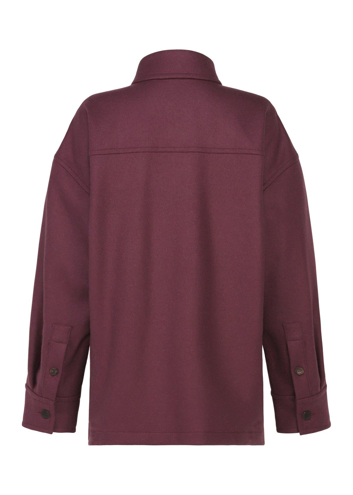 The back view of the MANNER long-sleeve maroon jacket by ISSEY MIYAKE, made from leftover fabric, features a collar, visible seam details, and buttoned cuffs. view 2 of 5