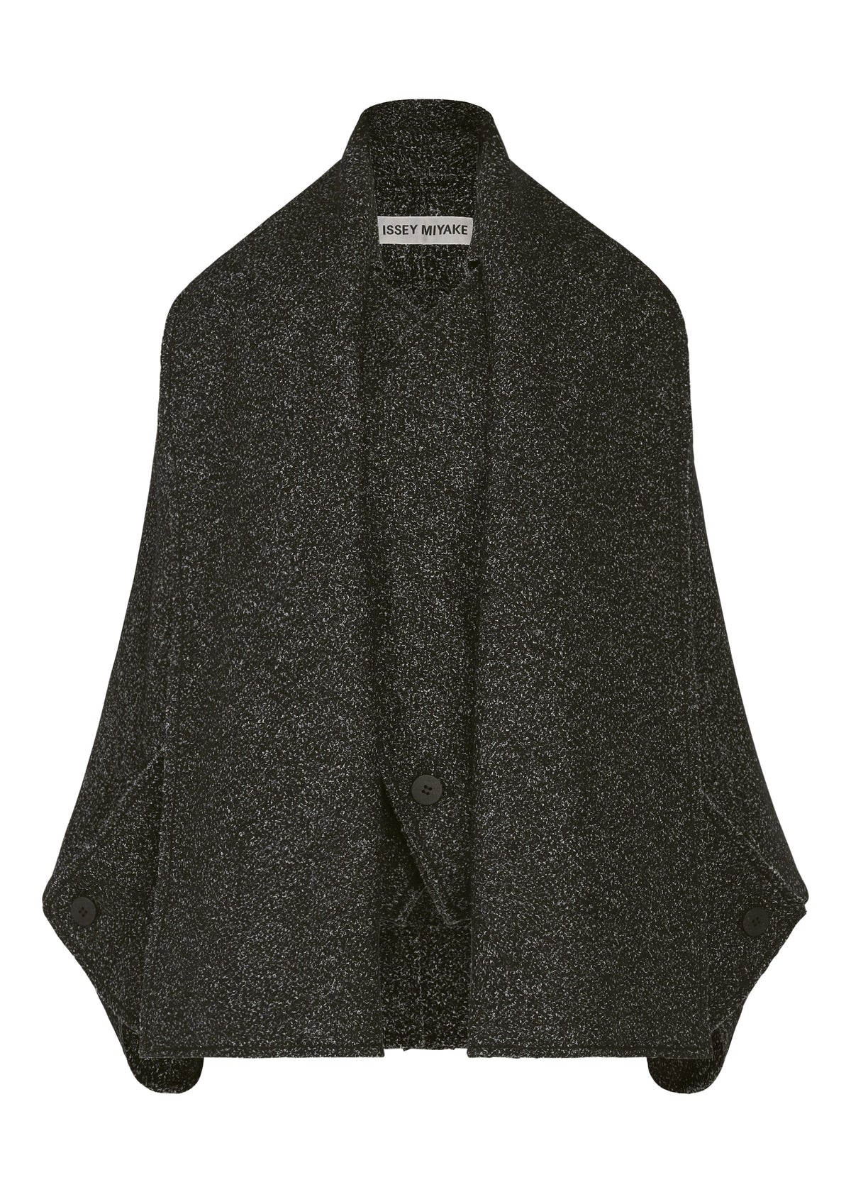 Zoomed view The WOOLEN GRANITE by ISSEY MIYAKE is a textured dark gray merino wool coat featuring a wide draped collar, side button details, and a sculptural silhouette. - BLACK （no.15）