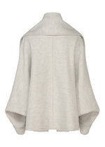 WOOLEN GRANITE by ISSEY MIYAKE: Light gray, loose-fit merino wool coat with wide sleeves, high collar, and minimal seams, shown from the back on a white background.