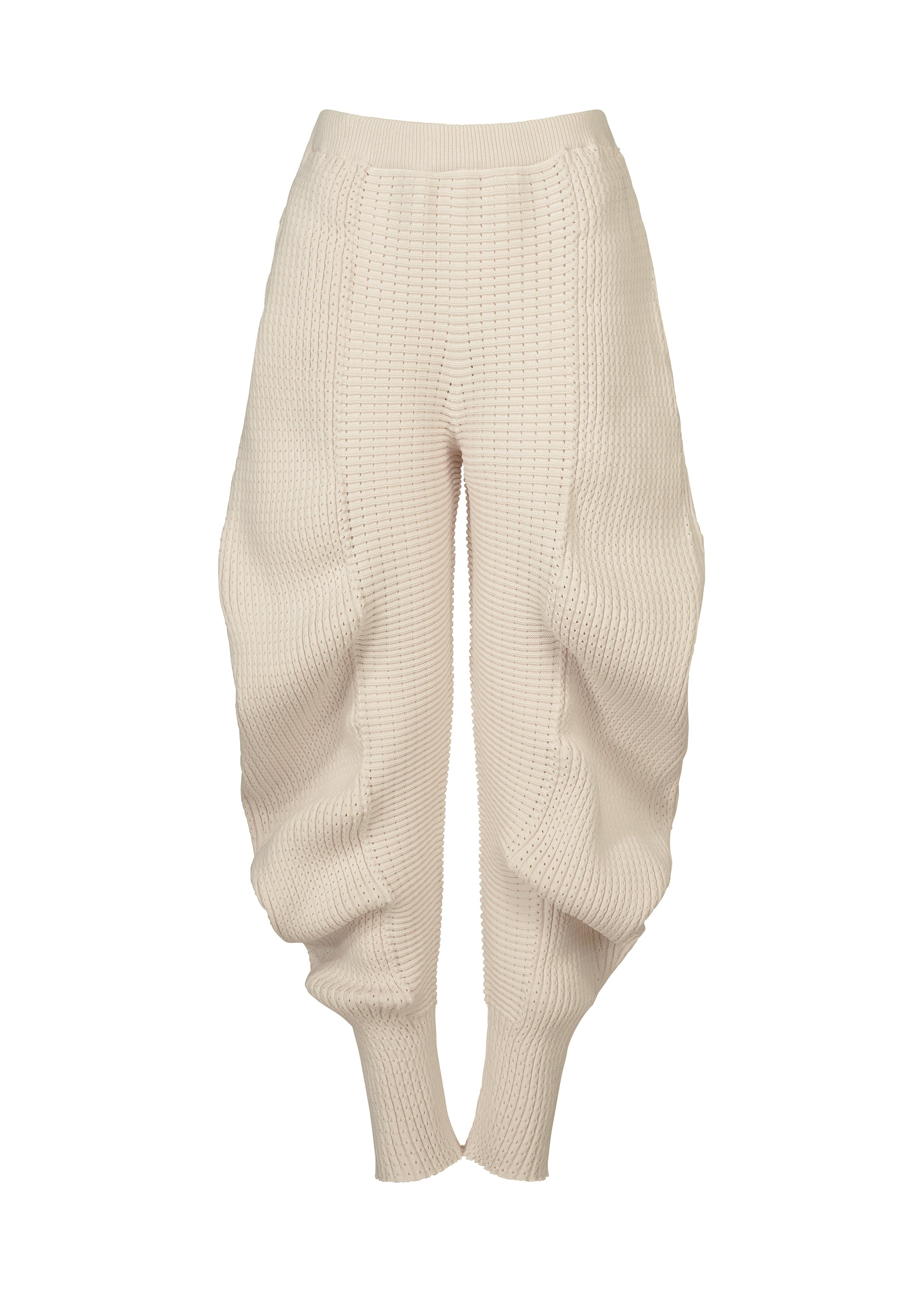 Zoomed view FOUND STONE by ISSEY MIYAKE: Cream-colored, high-waisted organic form pants with a ribbed texture and voluminous draped sides tapering to fitted ankles. No visible buttons or zippers. - OFF-WHITE （no.02）