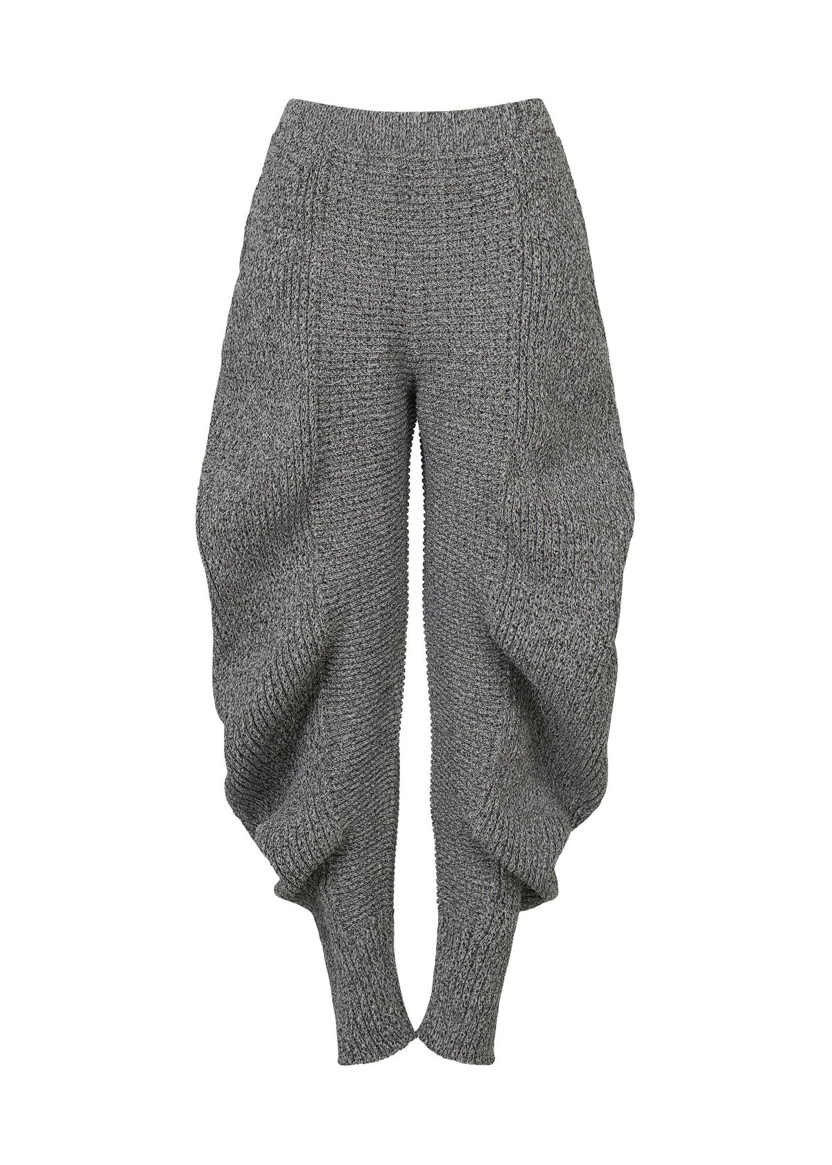 The FOUND STONE pants by ISSEY MIYAKE feature a gray stone knit, high waist, and voluminous draped side panels. With a mesh-like pattern and tapered ankles, they create an avant-garde silhouette against a plain white background. view 2 of 8