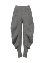 The FOUND STONE pants by ISSEY MIYAKE feature a gray stone knit, high waist, and voluminous draped side panels. With a mesh-like pattern and tapered ankles, they create an avant-garde silhouette against a plain white background. - GRAY （no.12）