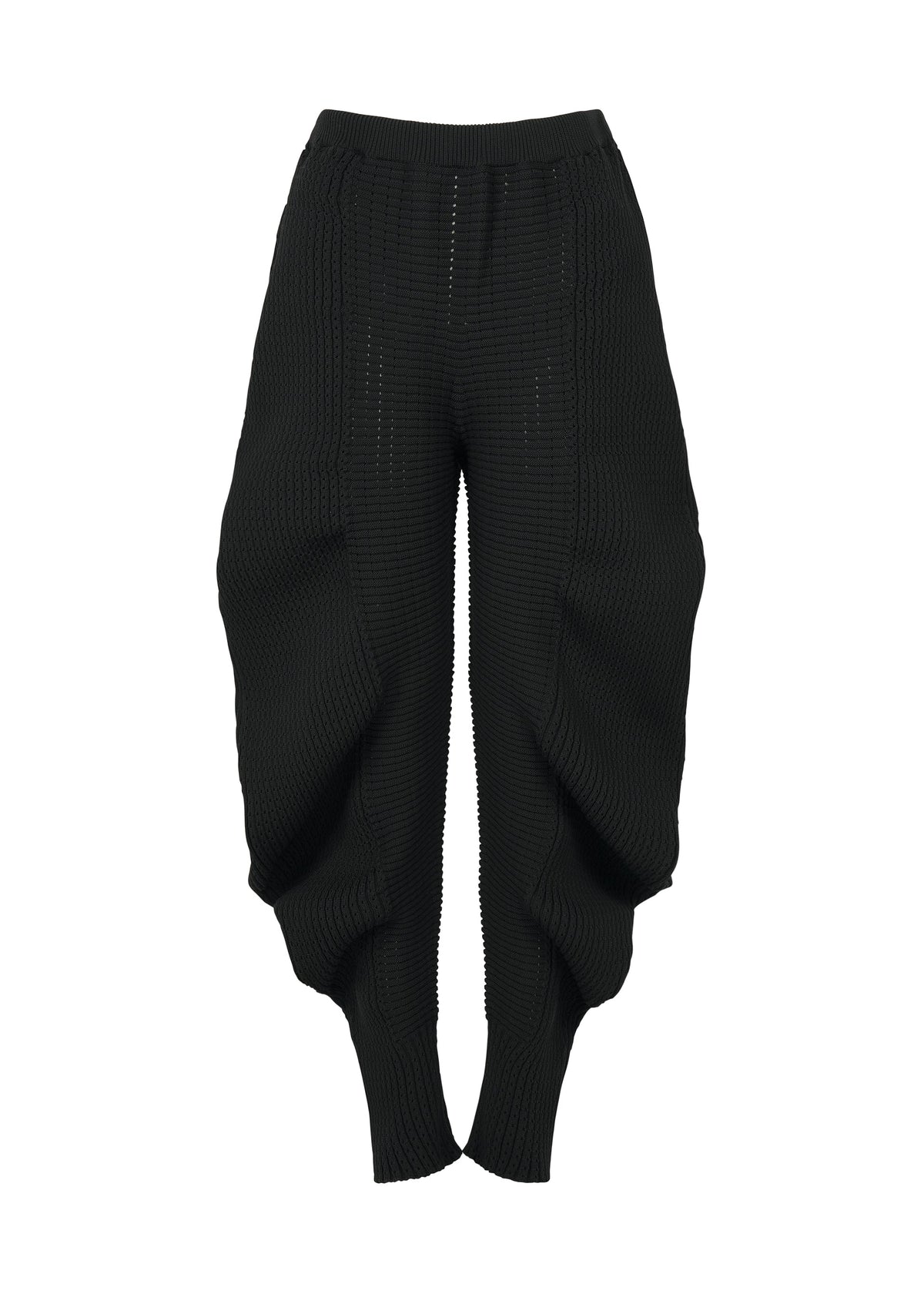 The FOUND STONE pants by ISSEY MIYAKE are black, textured knit with a high waist and voluminous curved legs that taper at the ankles, featuring an organic silhouette, shown against a white background. view 3 of 8