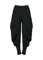 The FOUND STONE pants by ISSEY MIYAKE are black, textured knit with a high waist and voluminous curved legs that taper at the ankles, featuring an organic silhouette, shown against a white background. - BLACK （no.15）