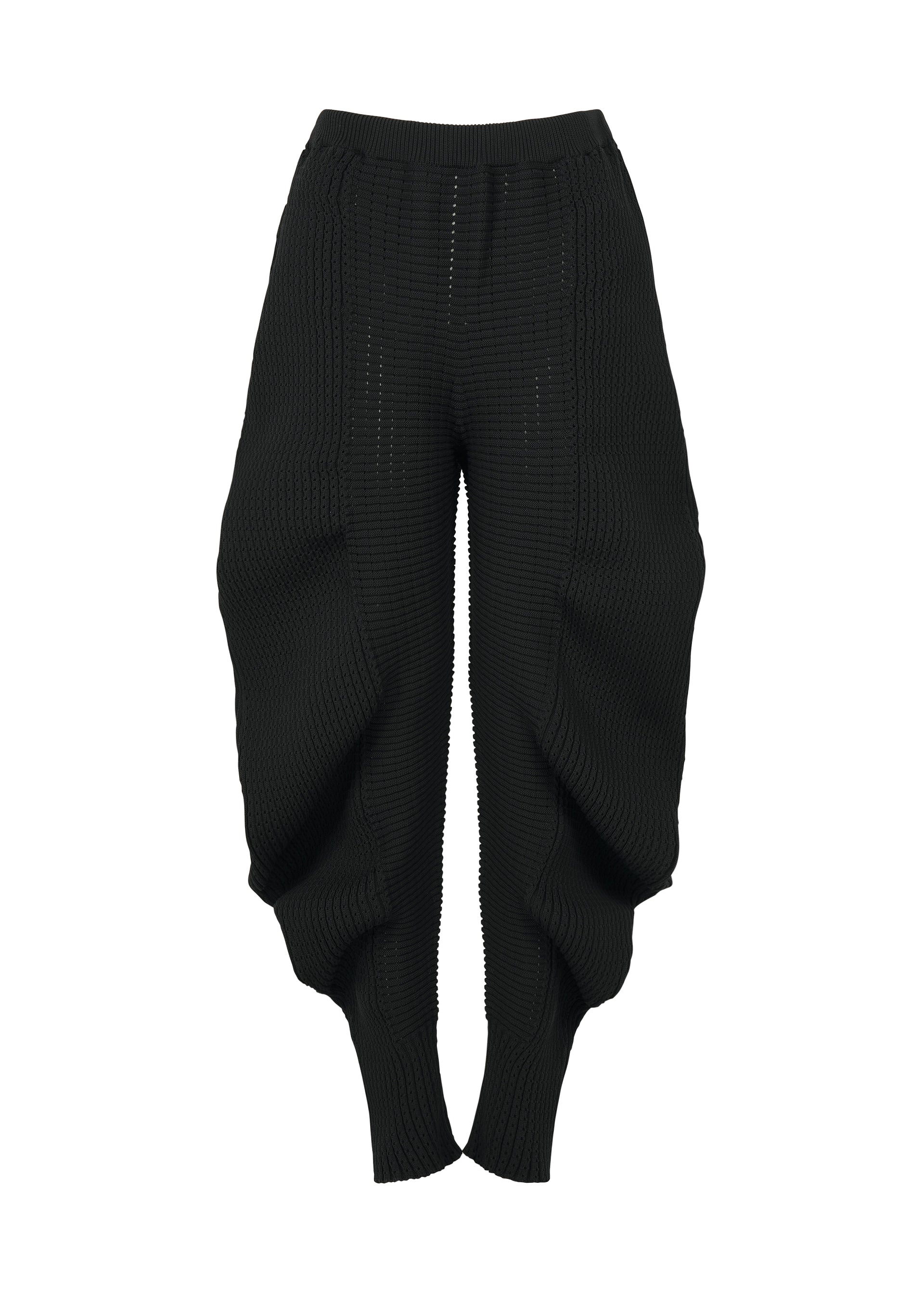 Zoomed view The FOUND STONE pants by ISSEY MIYAKE are black, textured knit with a high waist and voluminous curved legs that taper at the ankles, featuring an organic silhouette, shown against a white background. - BLACK （no.15）