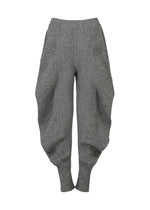 FOUND STONE pants by ISSEY MIYAKE feature a high waist, wide hips, and tapered ribbed ankles. With a mesh-like textured fabric, they create a sculptural silhouette. Shown here against a plain white background.