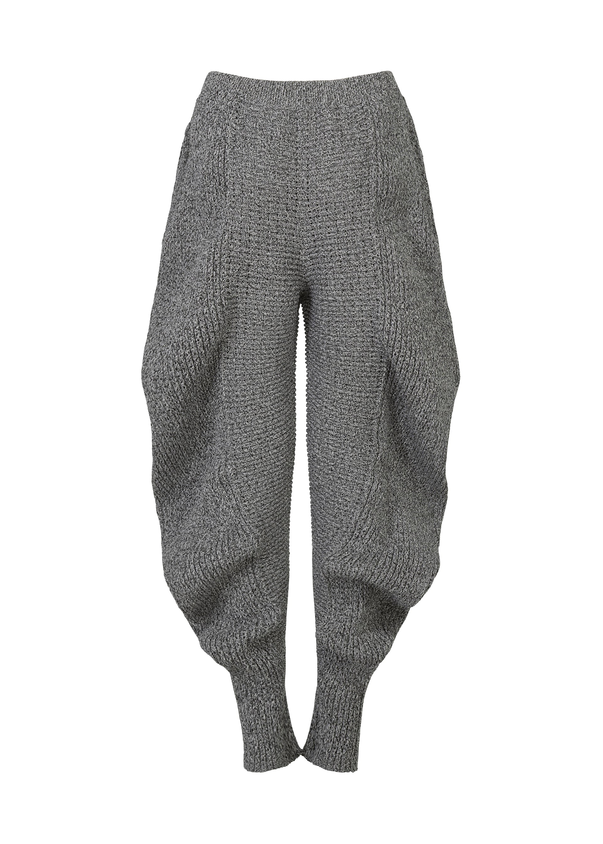 Zoomed view FOUND STONE pants by ISSEY MIYAKE feature a high waist, wide hips, and tapered ribbed ankles. With a mesh-like textured fabric, they create a sculptural silhouette. Shown here against a plain white background.