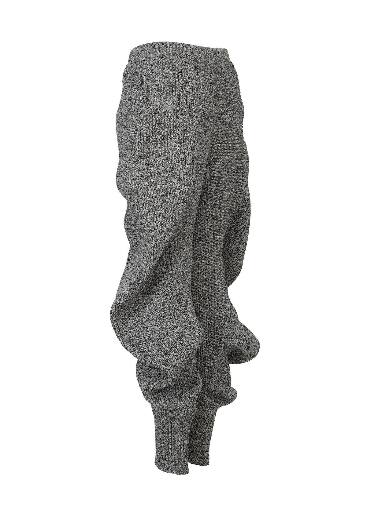 The ISSEY MIYAKE FOUND STONE pants feature a gray stone knit, mesh-like pattern, baggy fit, and gathered ankle cuffs, shown on a white background. view 5 of 8