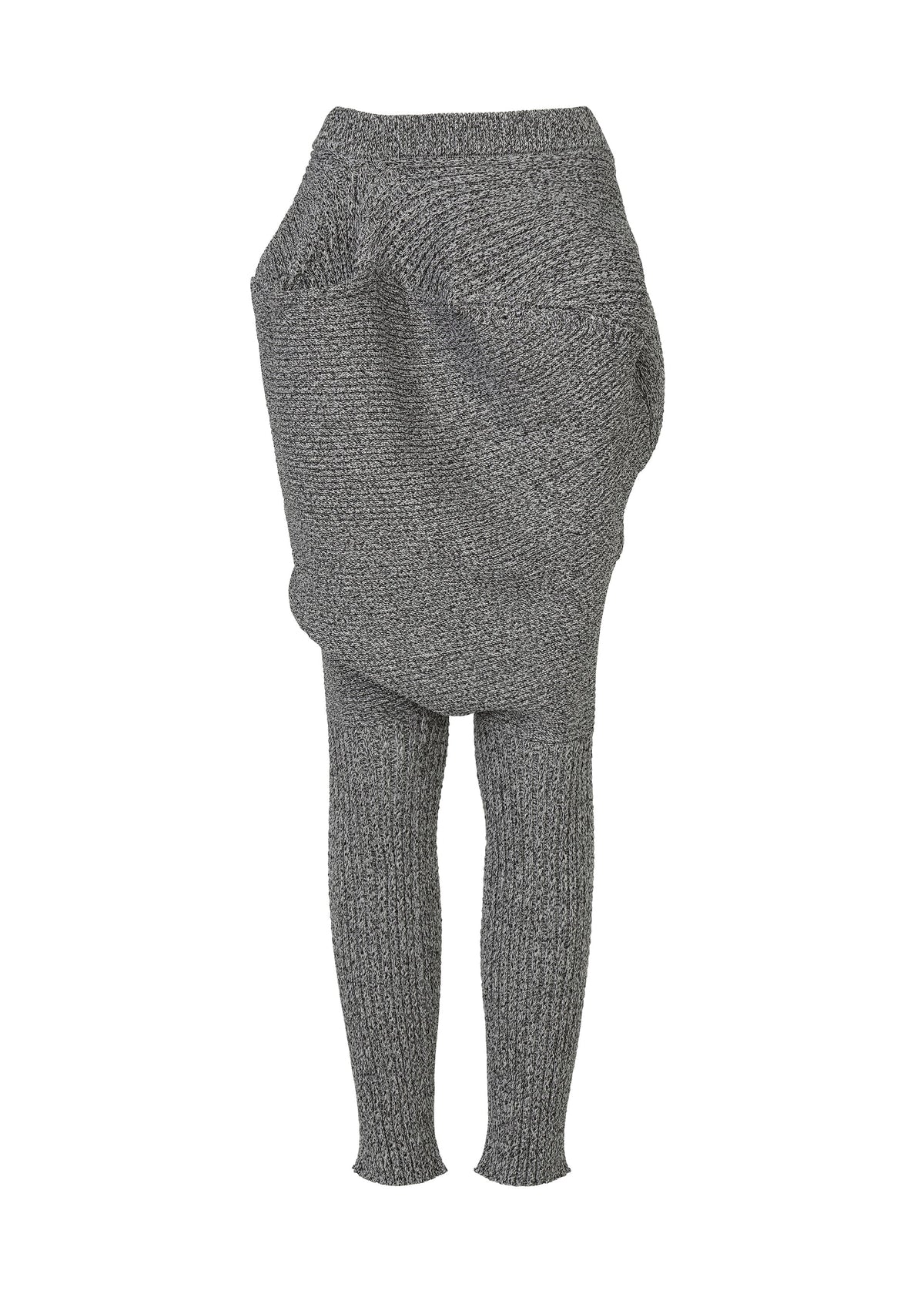 The ISSEY MIYAKE FOUND STONE showcases a gray, stone-inspired knitwear piece with a voluminous asymmetrical draped skirt and fitted, ribbed leggings, displayed against a white background for a sculptural effect. view 2 of 8