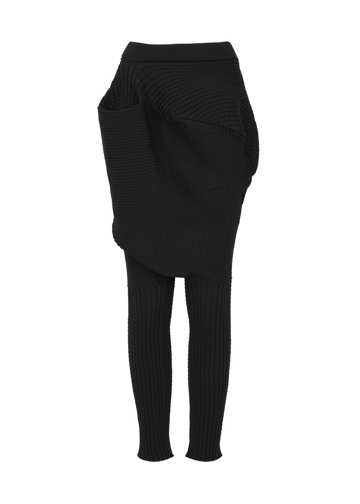 The FOUND STONE set by ISSEY MIYAKE features black, stone-inspired textured knitwear: a skirt with large draped pockets layered over matching fitted pants, shown on a white background. view 3 of 8