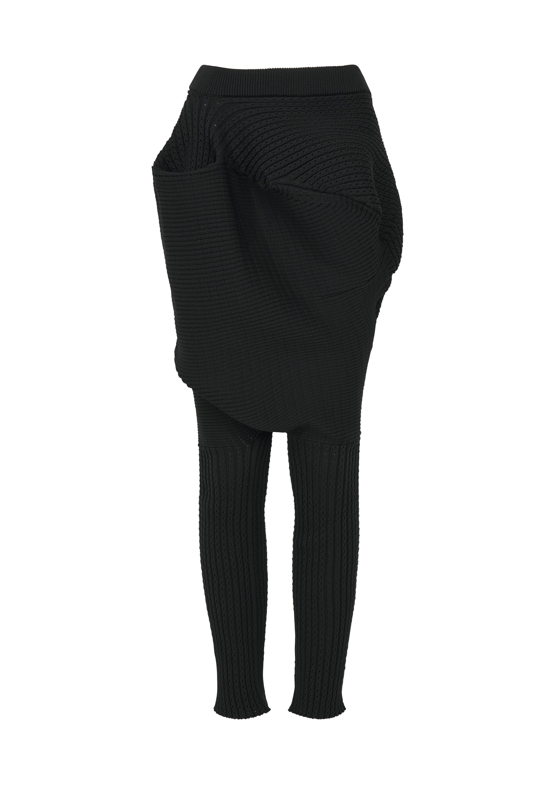 Zoomed view The FOUND STONE set by ISSEY MIYAKE features black, stone-inspired textured knitwear: a skirt with large draped pockets layered over matching fitted pants, shown on a white background. - BLACK （no.15）