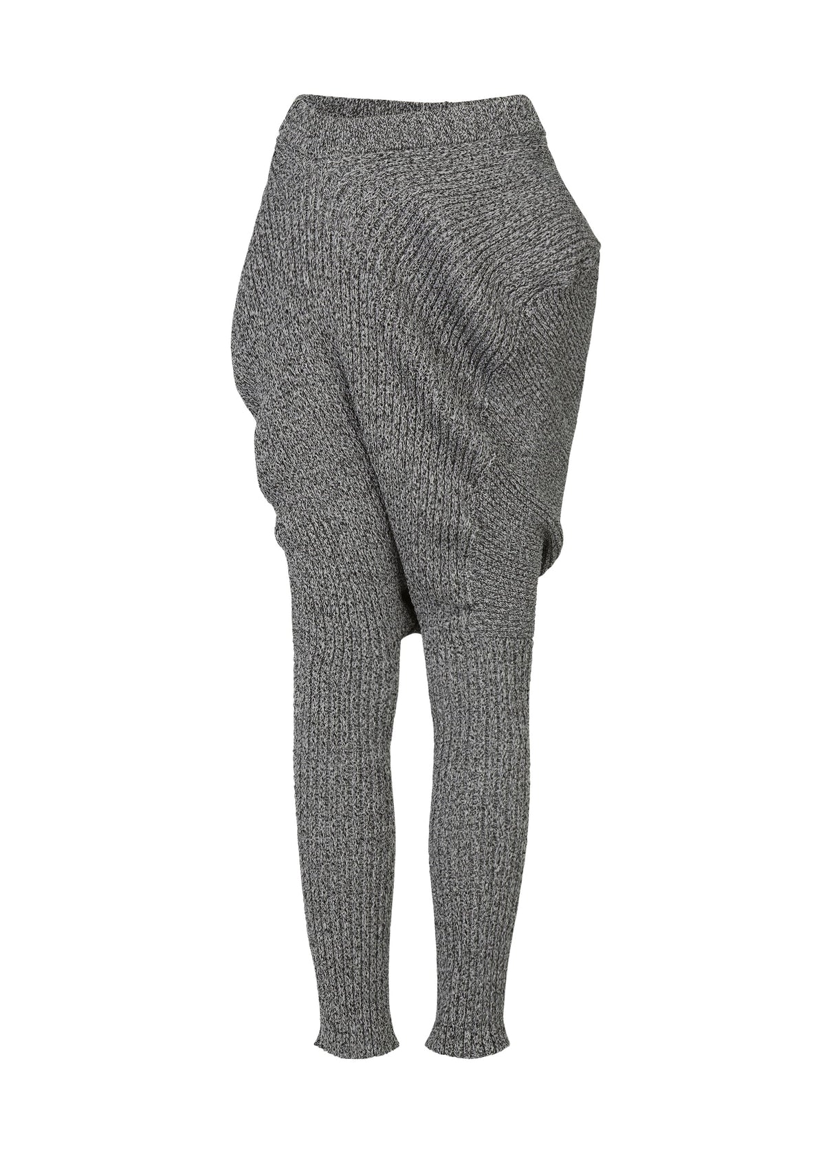 ISSEY MIYAKE's FOUND STONE pants: gray, stone-inspired knitwear with an asymmetrical draped design—one leg loose and wide, the other fitted—shown on a white background. view 4 of 8