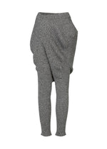 ISSEY MIYAKE's FOUND STONE pants: gray, stone-inspired knitwear with an asymmetrical draped design—one leg loose and wide, the other fitted—shown on a white background.