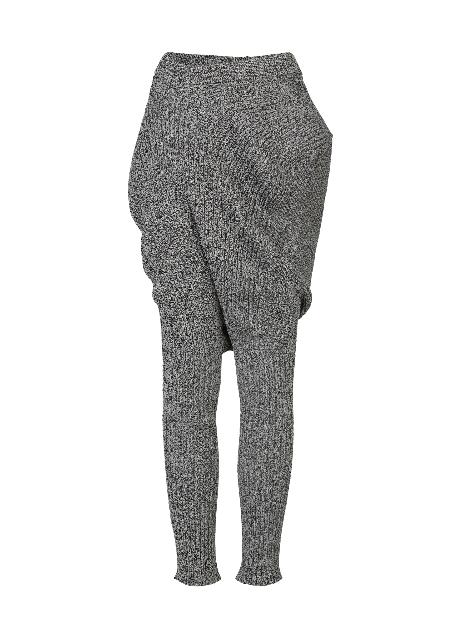 Zoomed view ISSEY MIYAKE's FOUND STONE pants: gray, stone-inspired knitwear with an asymmetrical draped design—one leg loose and wide, the other fitted—shown on a white background.
