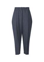 The CAMPAGNE pants by ISSEY MIYAKE are dark gray, high-waisted, and pleated with a relaxed fit and cropped length, crafted from stretchy fabric for added comfort, displayed on a plain white background. - DARK NAVY （no.78）