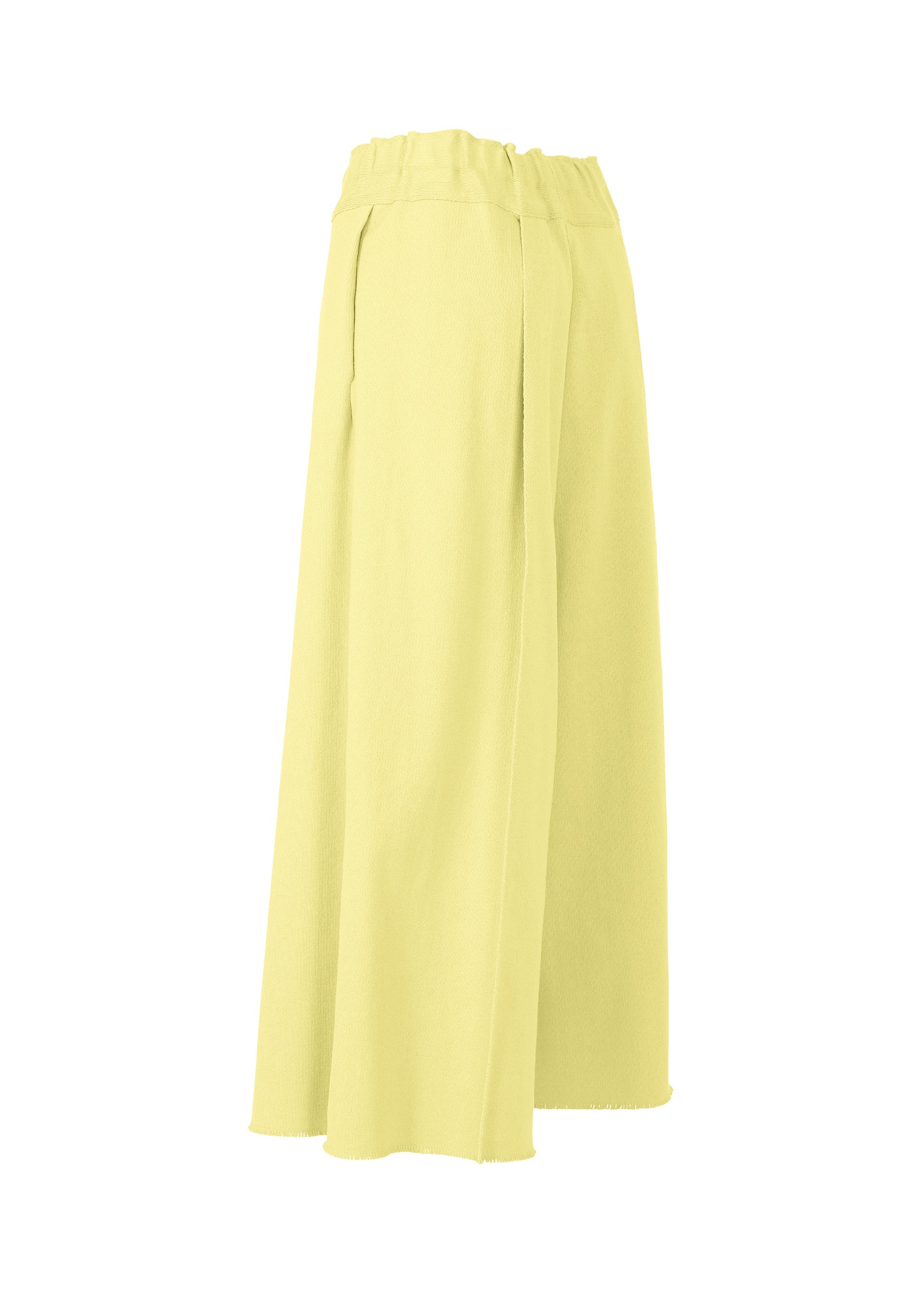 Zoomed view The CAMPAGNE pants by ISSEY MIYAKE are high-waisted, wide-leg yellow trousers made from innovative A-POC material, featuring an elastic waistband and long, loose-fitting legs, displayed from a side angle on a white background.